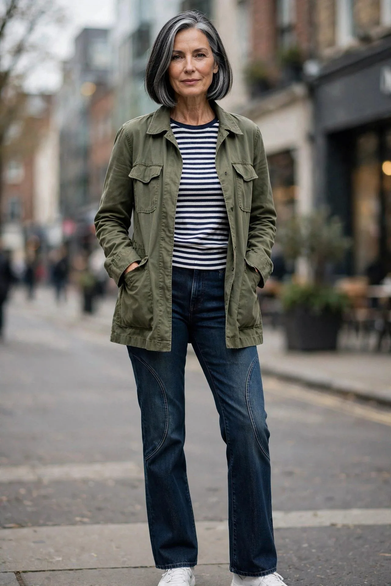 Fashion-forward 50s woman wearing sculptural barrel jeans with striped sweater and utility jacket
