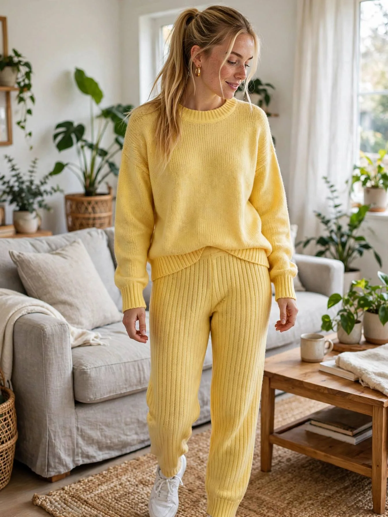 Woman in a daffodil yellow knit set relaxing at home.
