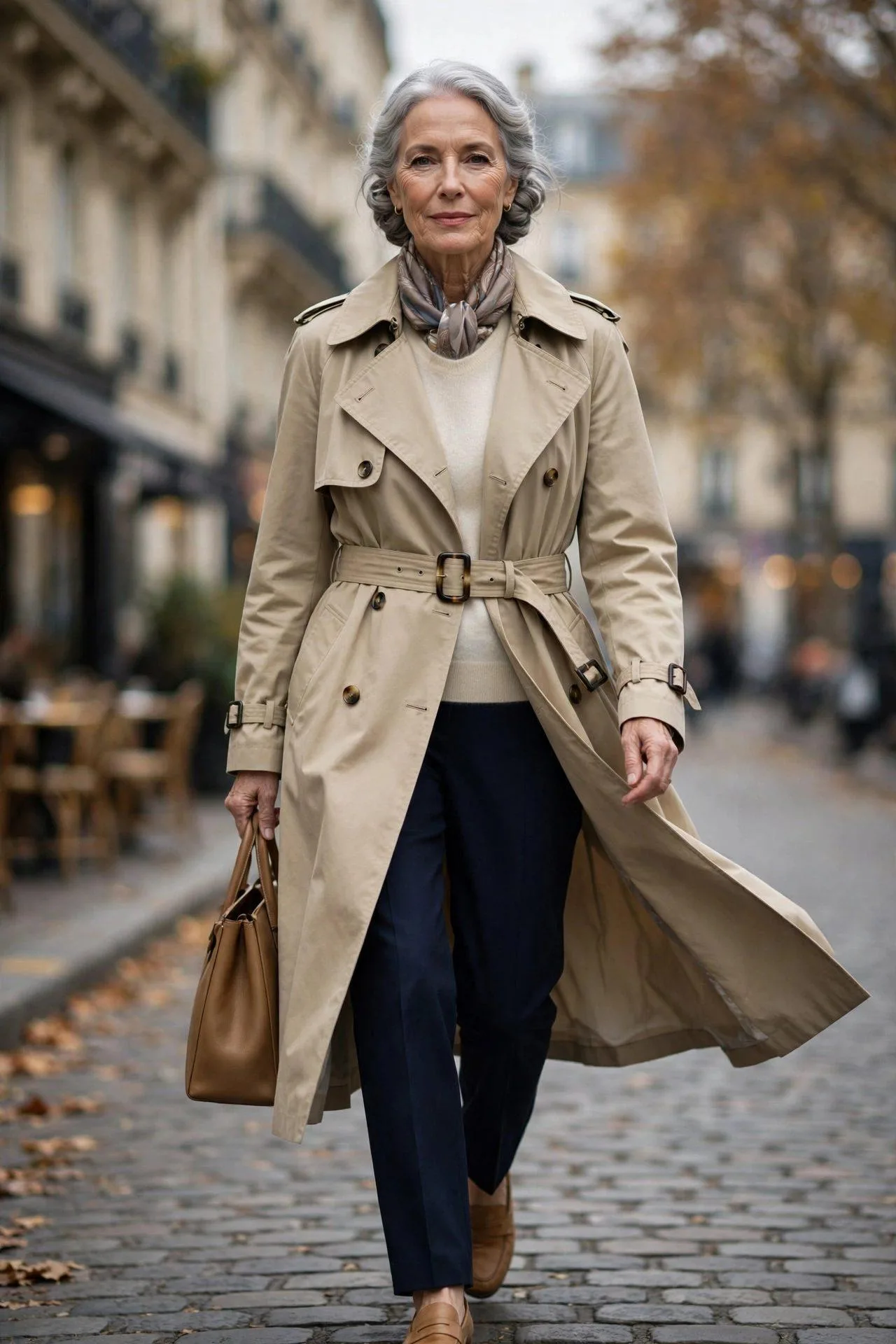 Dignified senior woman draped in a sand-colored double-breasted raincoat over an ivory knit, classic weatherproof sophistication.
