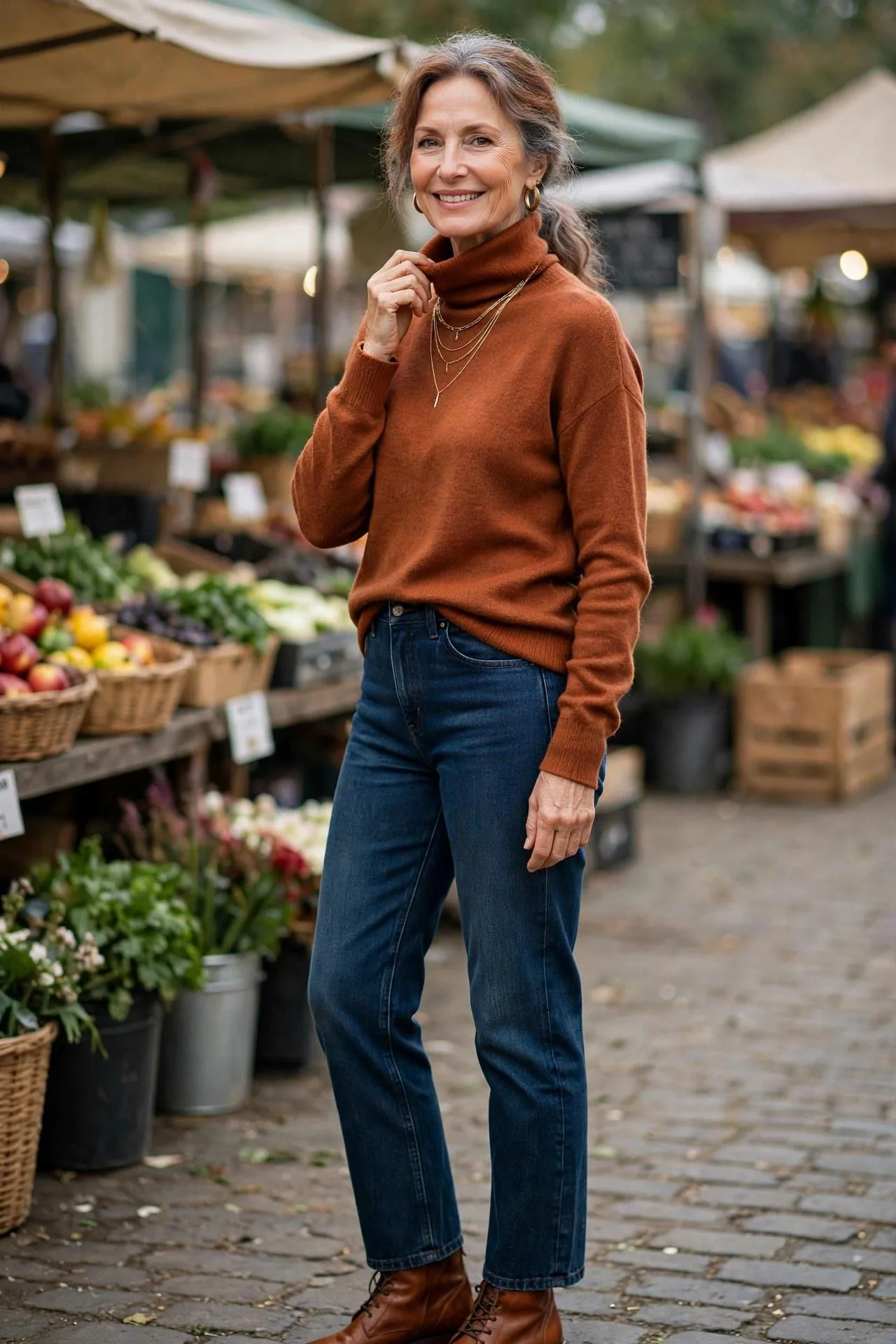 Happy woman in a burnt-orange roll-neck sweater, indigo jeans and tan boots at a farmers market — earthy casual outfits from a deep autumn color palette.