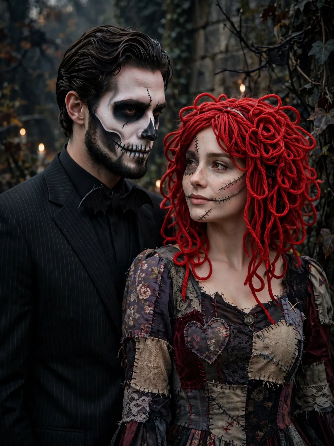 A couple as Jack Skellington in pinstripes and Sally in patchwork dress.
