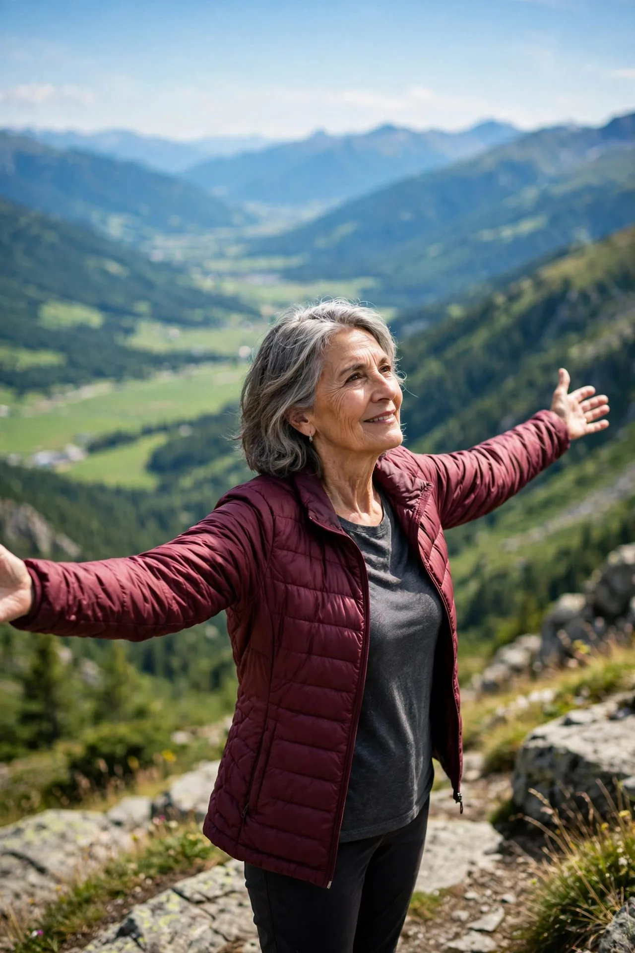 Free-spirited older woman dancing joyfully with arms open wide