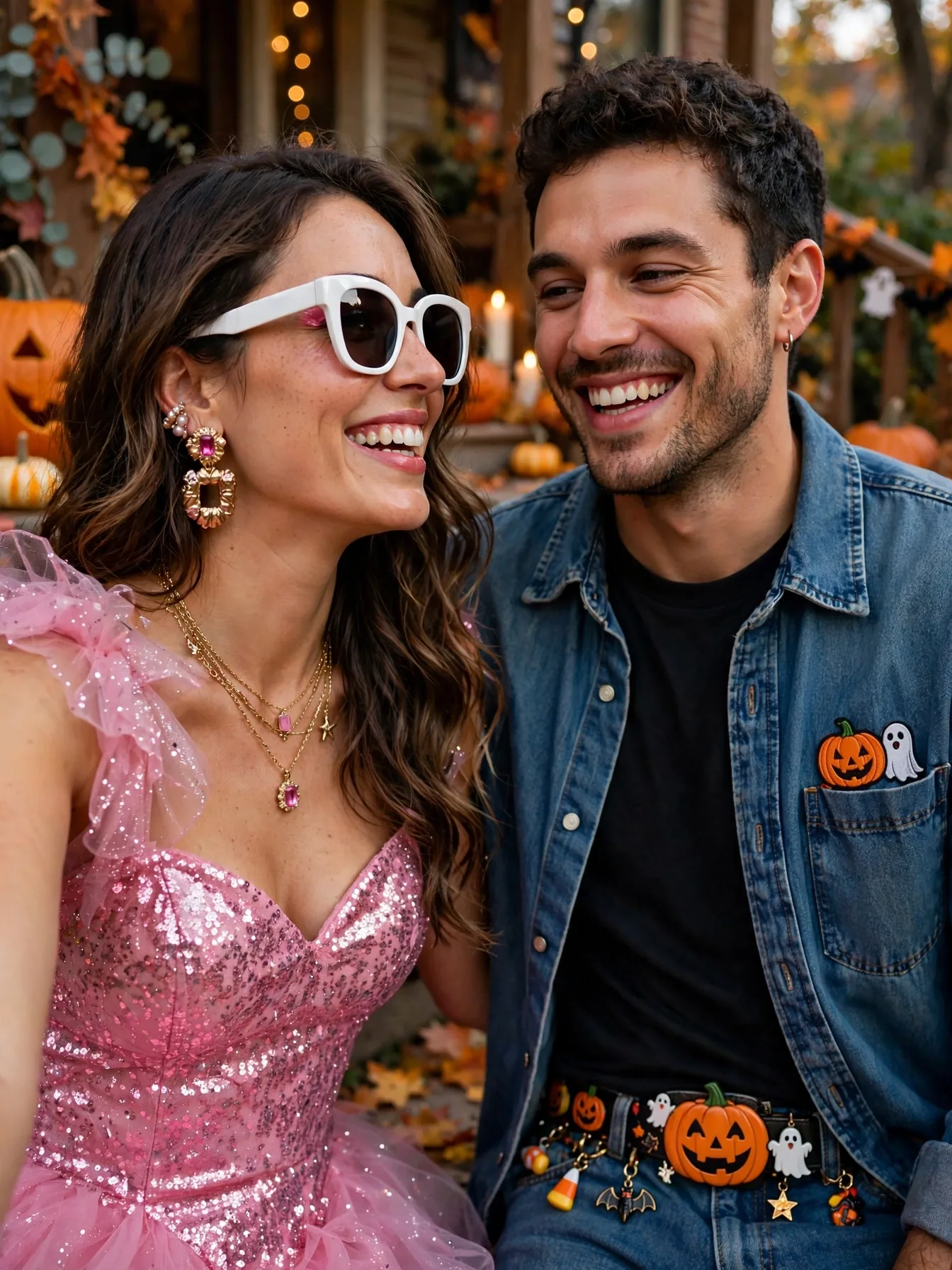 A smiling couple as Barbie in pink glam and Ken in denim sunglasses.