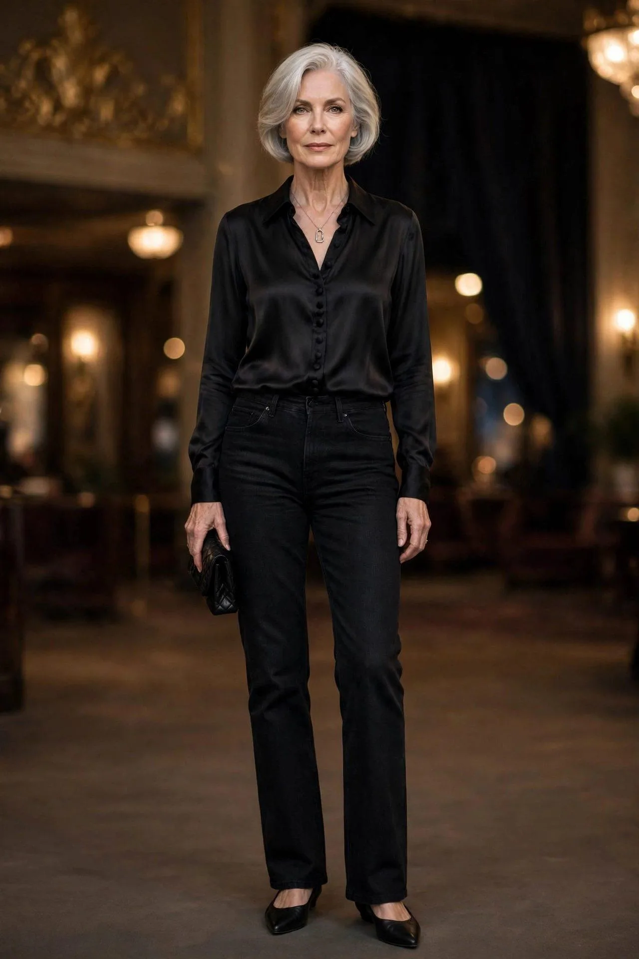 Poised 60s woman in all-black jeans ensemble with silk blouse at theater