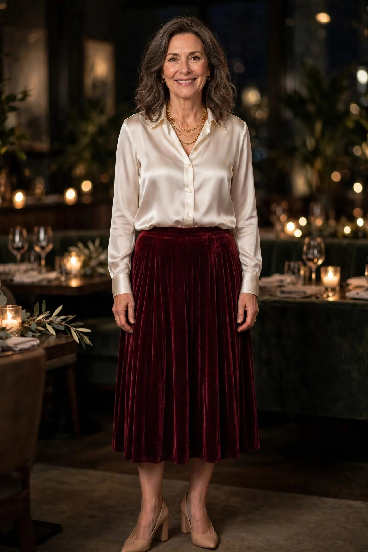 Woman in ivory satin blouse with burgundy velvet midi skirt