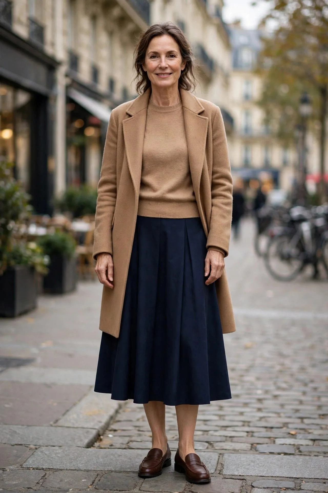 Woman over 50 in camel sweater, navy midi skirt, camel coat