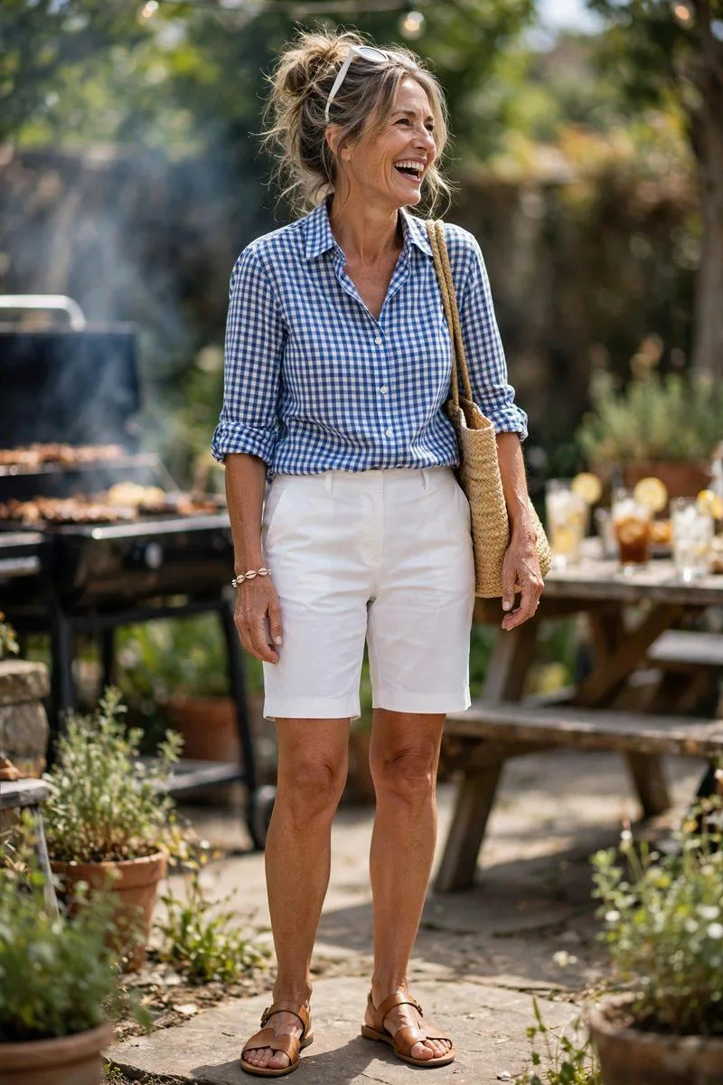 Carefree mature woman with a messy bun in a blue-white gingham shirt, tailored white shorts and leather sandals