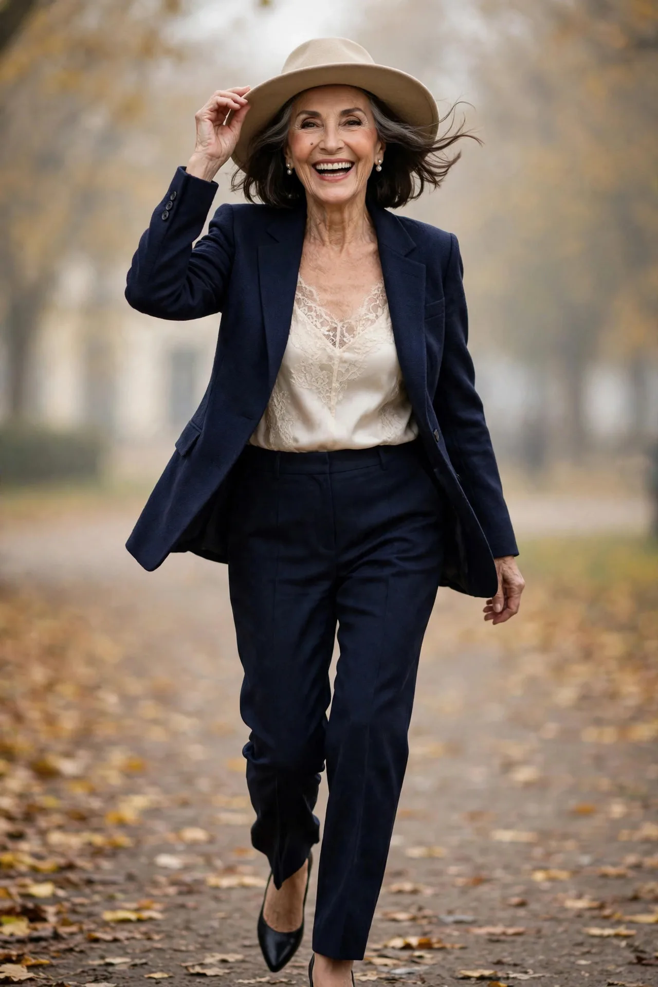Joyful silver-haired woman laughing heartily in a candid outdoor moment.