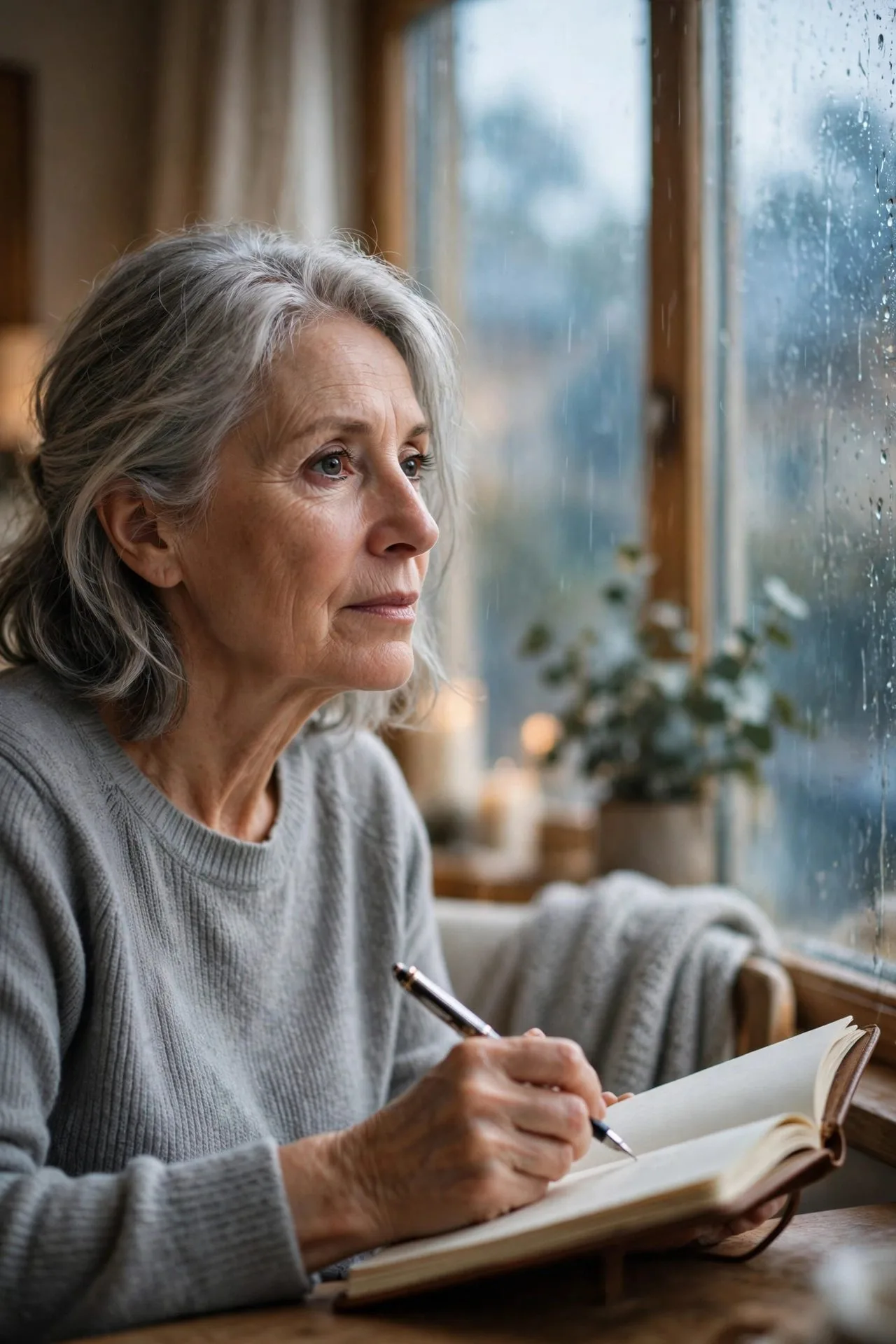 Thoughtful senior woman journaling emotions in peaceful evening light