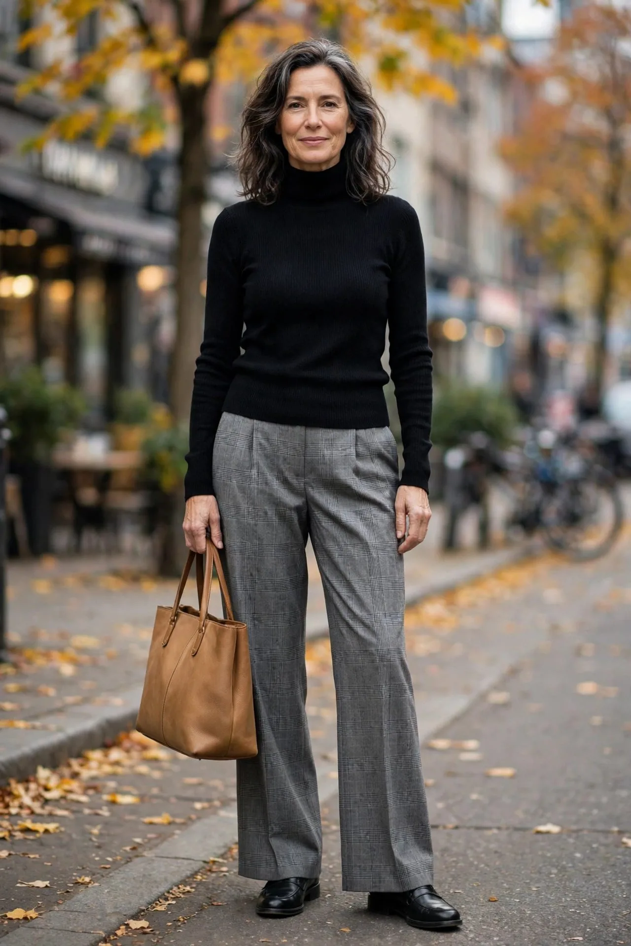 Woman over 50 in black turtleneck with brown plaid trousers and camel coat