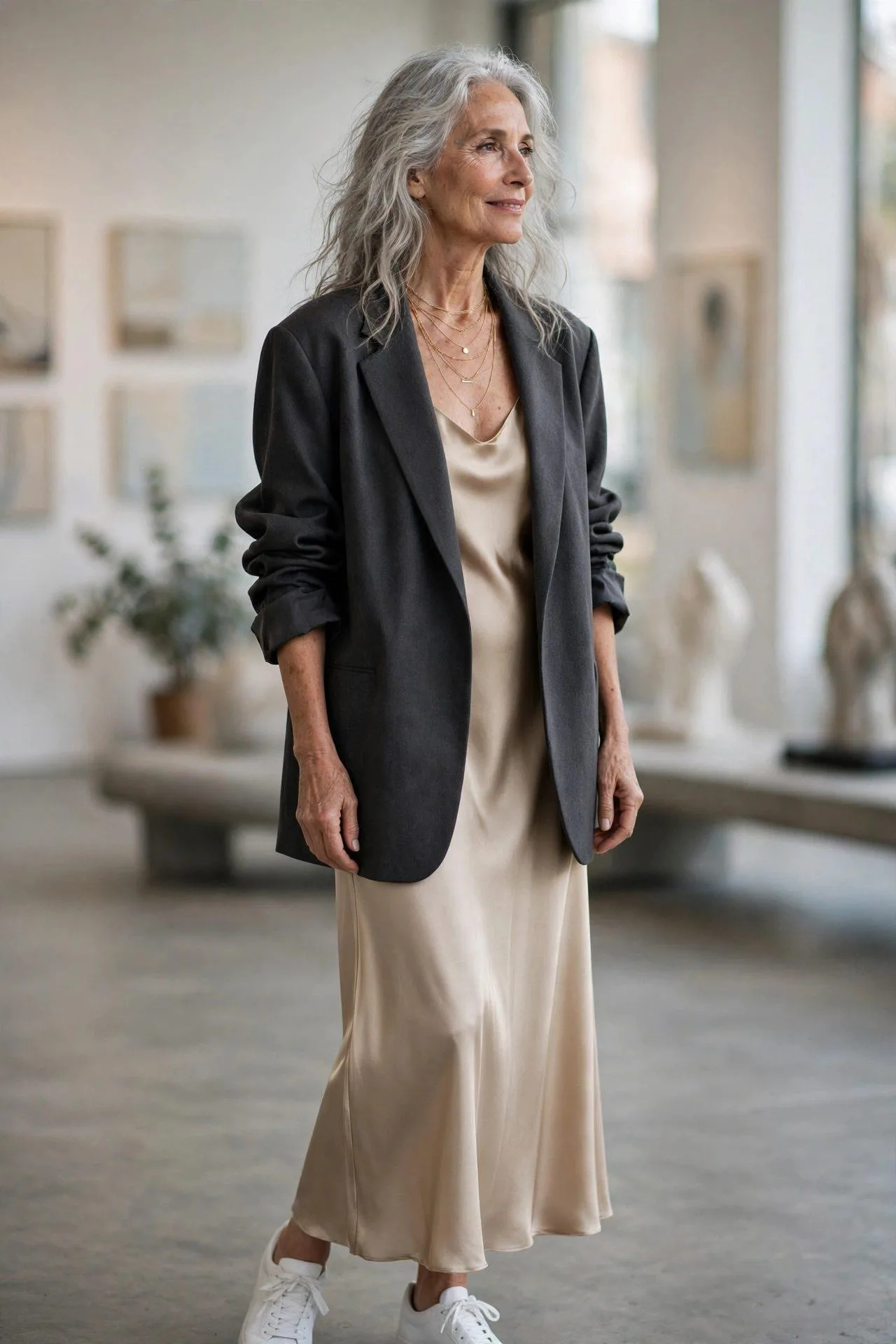Fashionable senior in oversized grey blazer layered over slip dress and trainers
