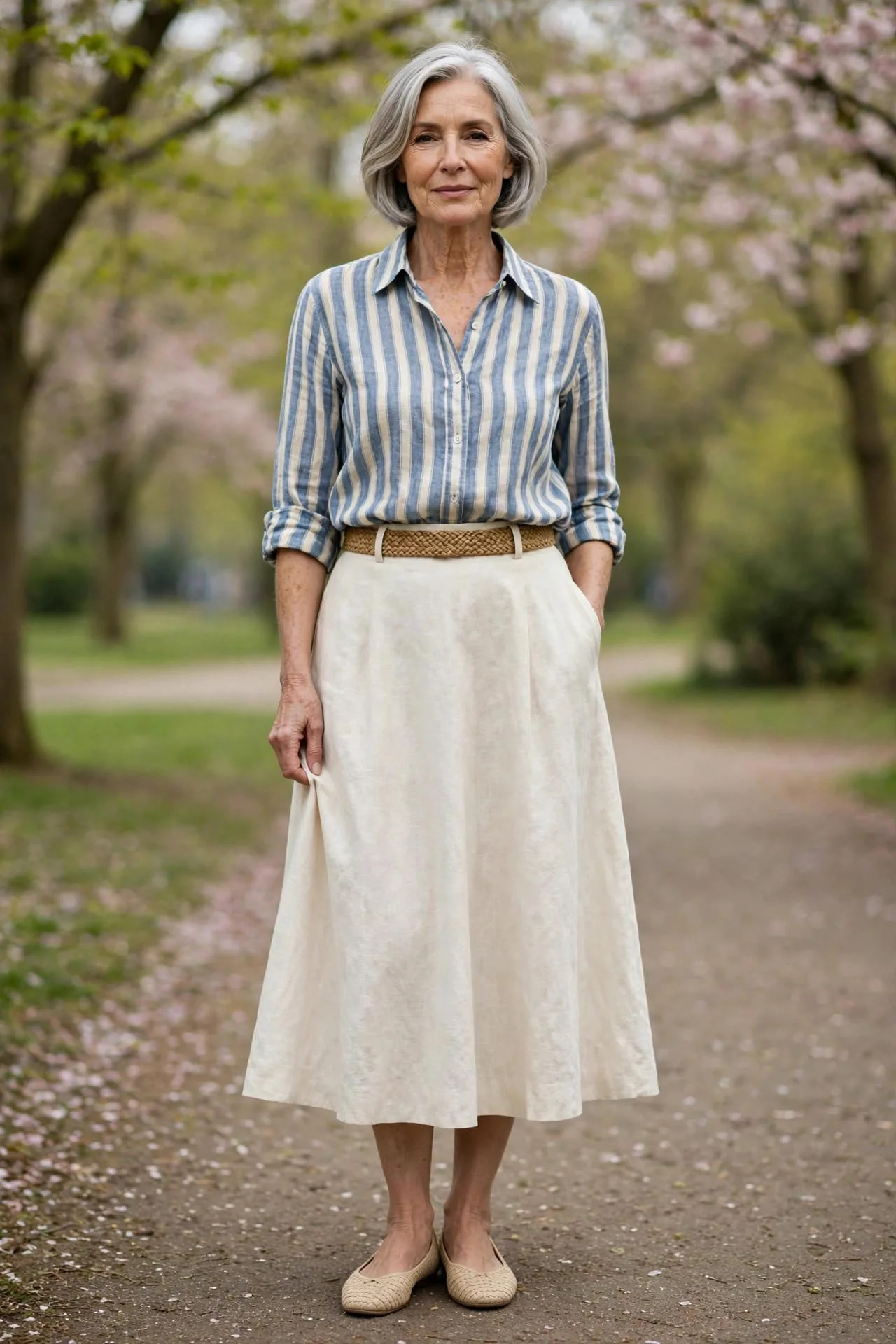 Charming older woman in blue striped linen button-down with cream flowing skirt