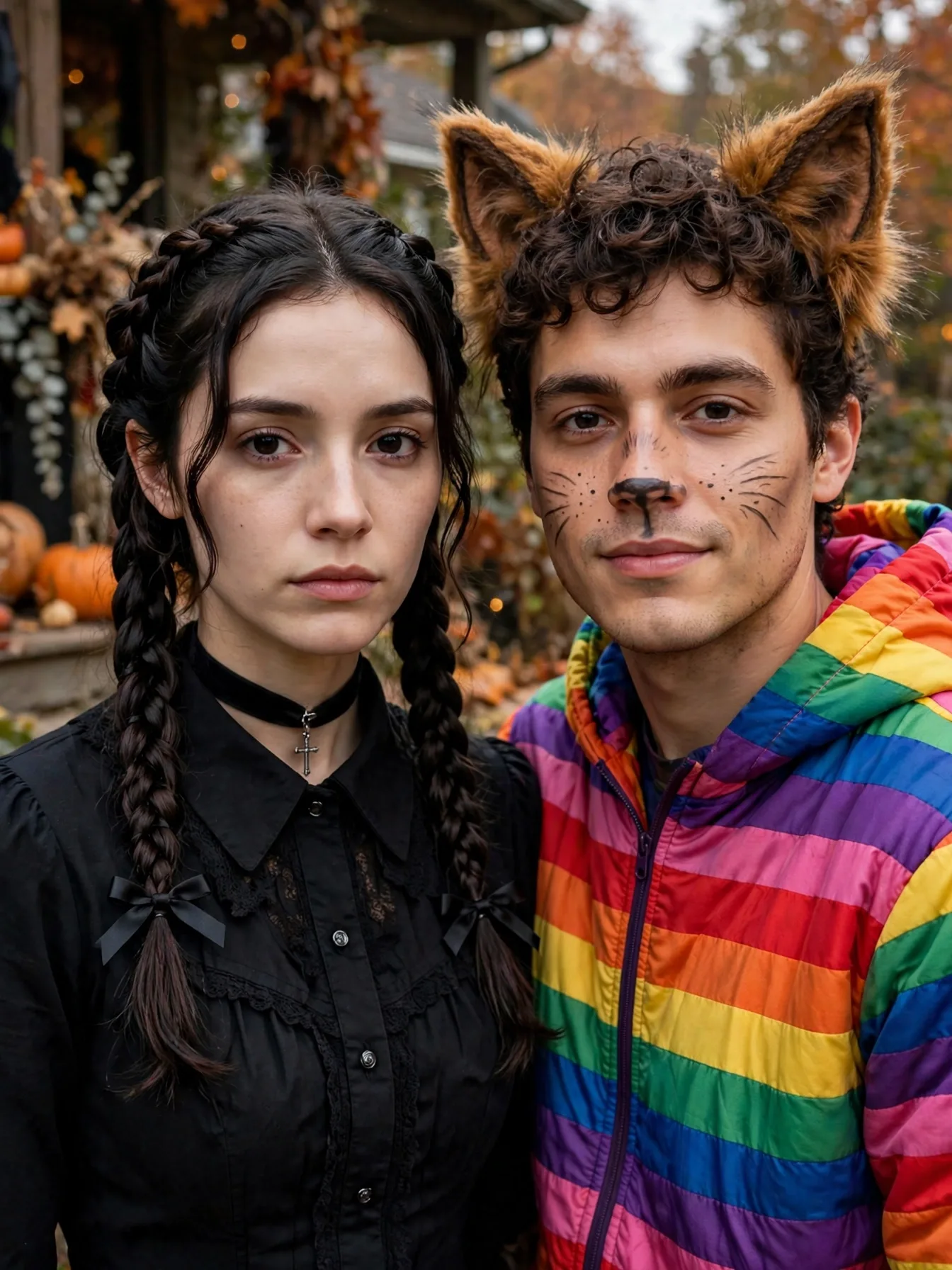 A couple dressed as Wednesday in black braids and Enid in rainbow colors.