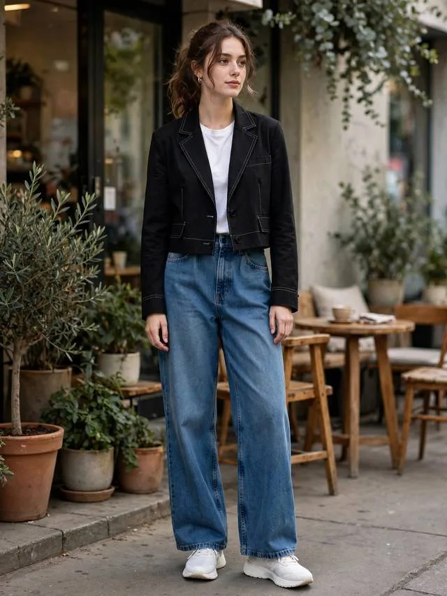 Cropped black blazer with contrast stitching over high-waisted wide-leg jeans.