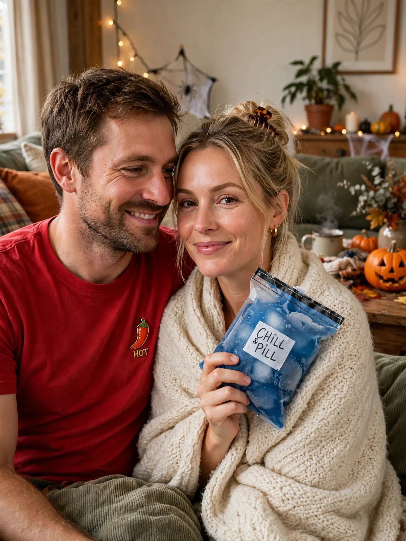 A cozy couple as Netflix logo shirt and blanket-wrapped chill with ice.