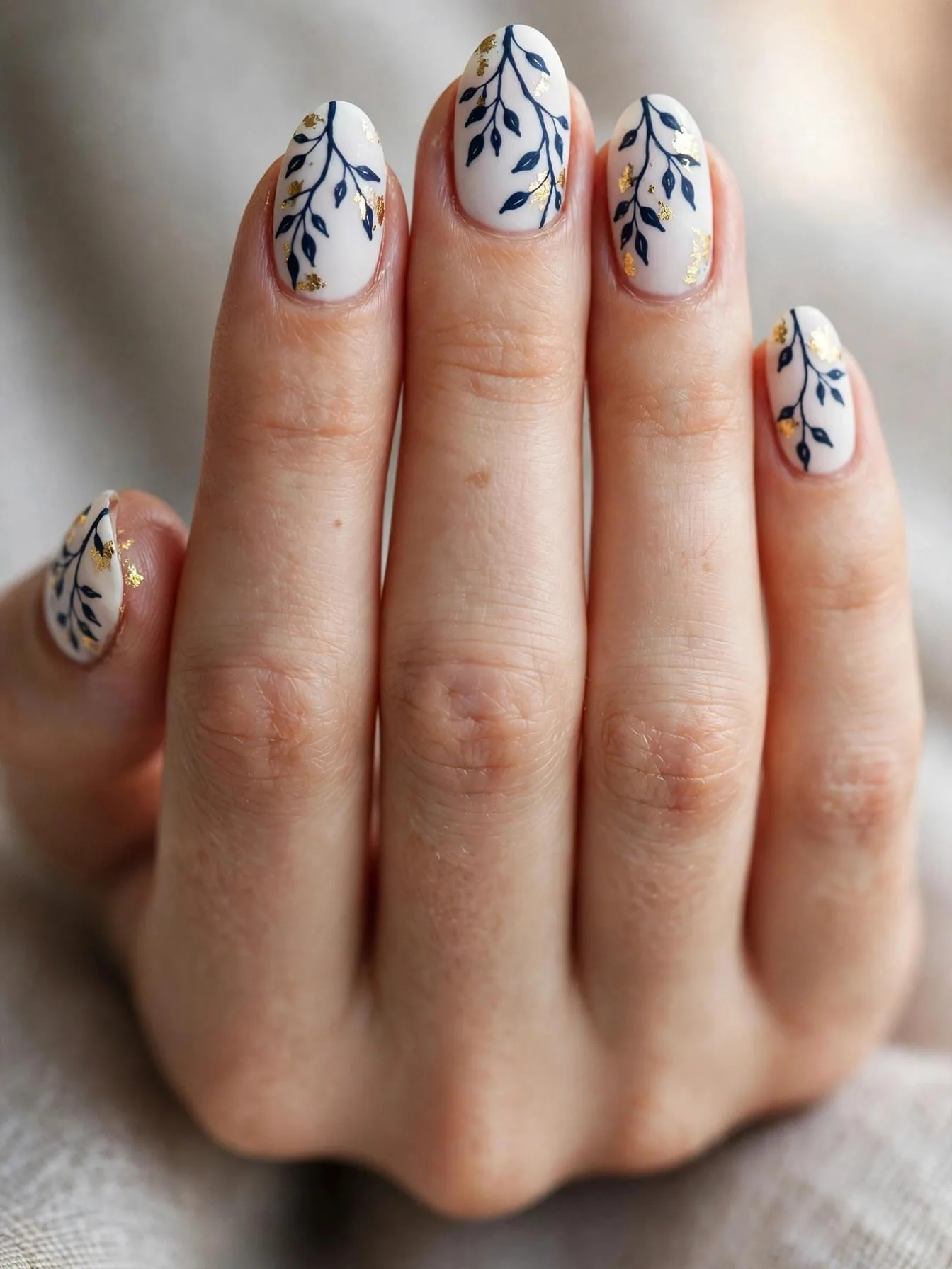 Medium almond nails in matte white with navy botanical leaves and gold foil.