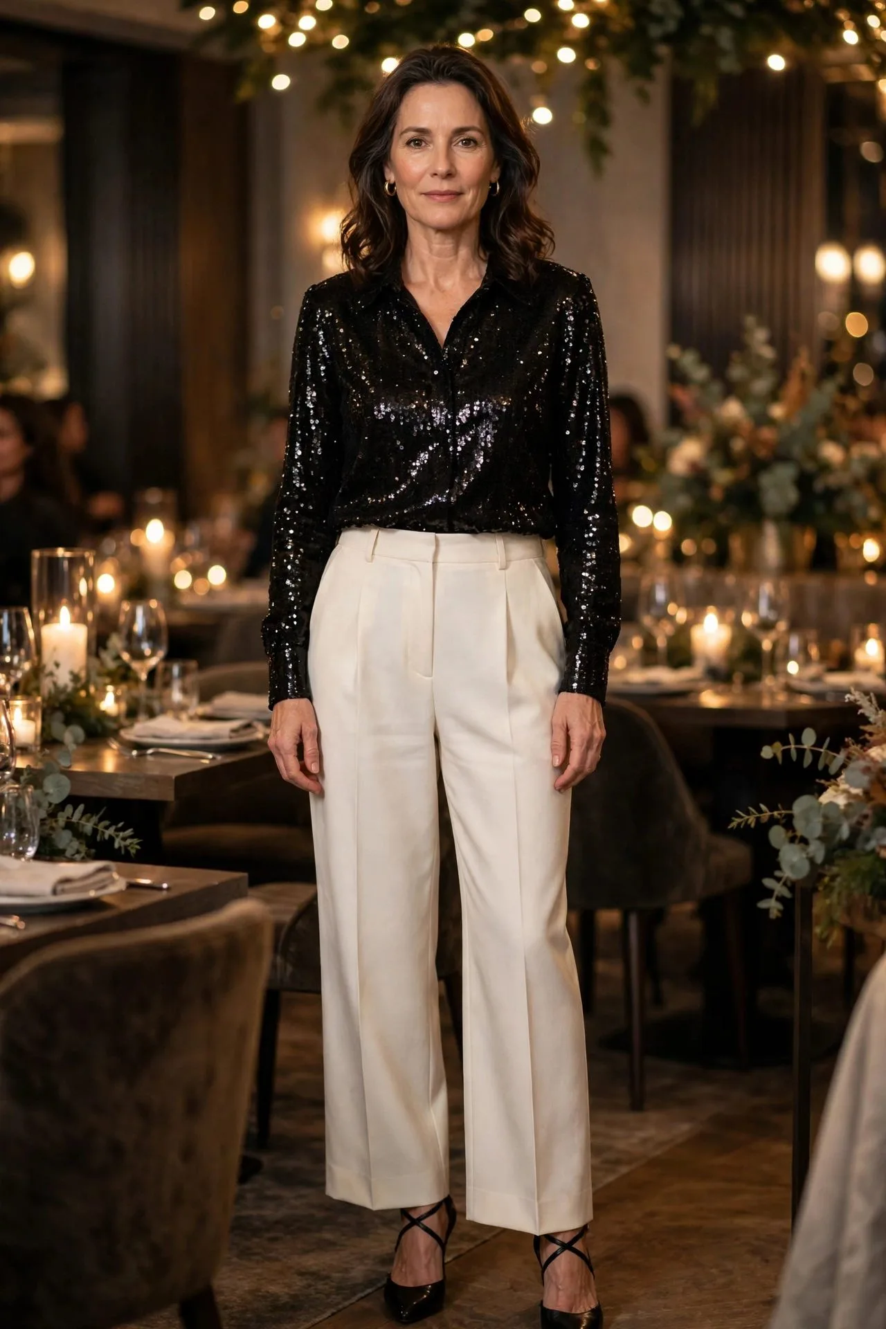 Woman in black sequin top with tailored trousers