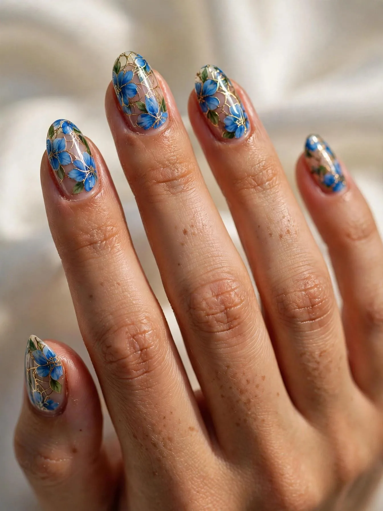 Medium almond nails with hand-painted blue florals overlaid by gold filigree lines.