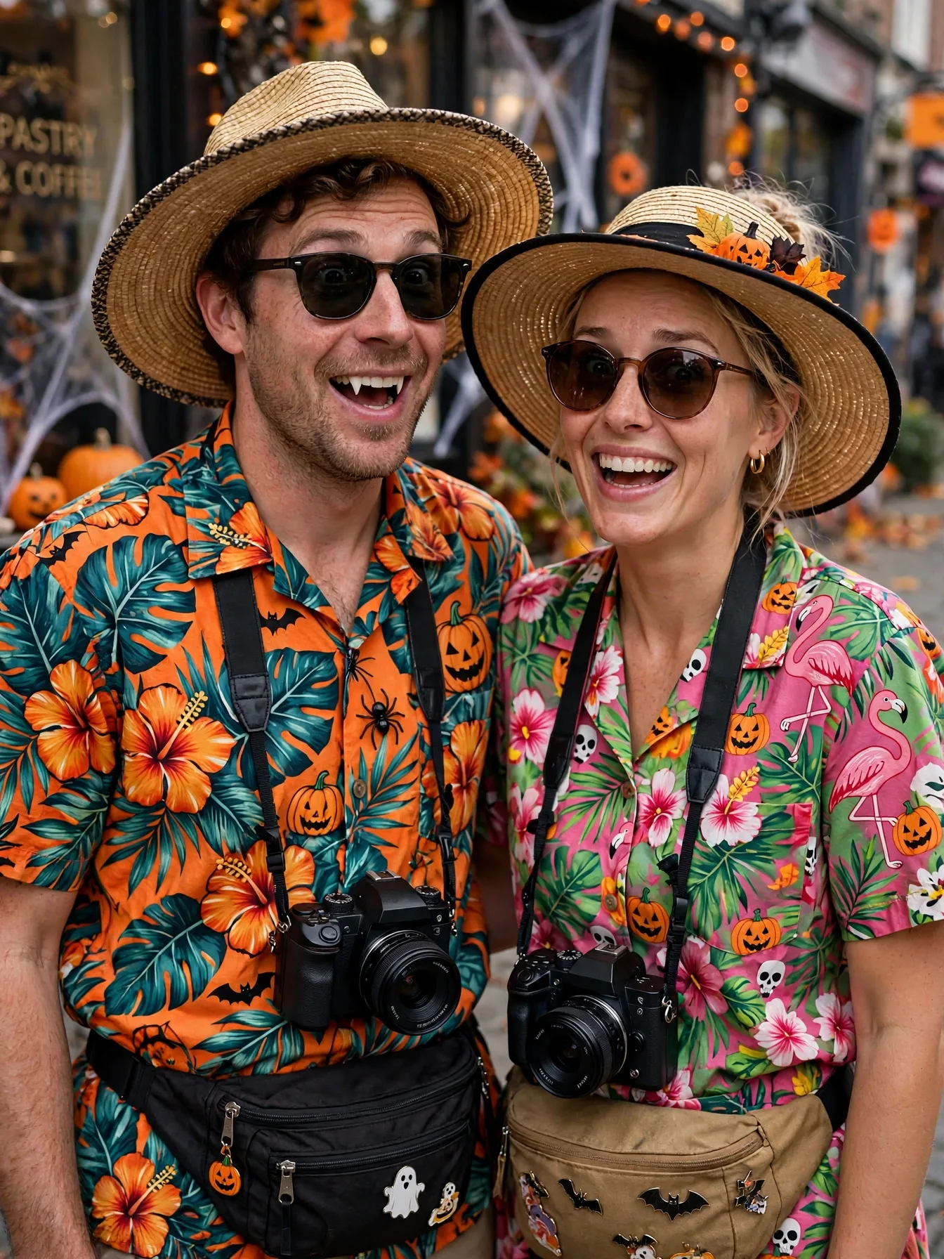 A funny tourist couple in Hawaiian shirts with cameras and fanny packs.