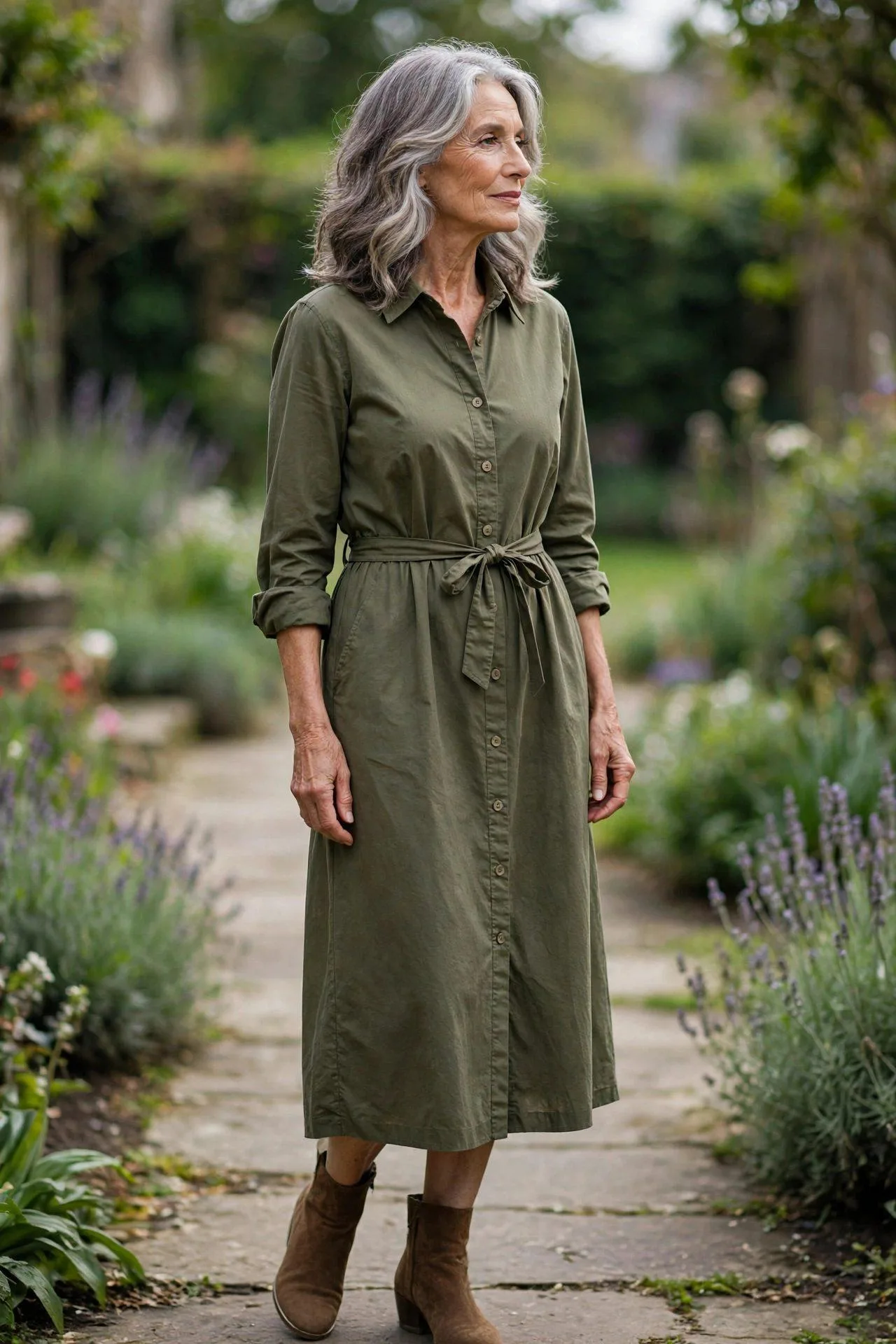 Woman over 60 in olive green shirt dress cinched at waist with brown boots