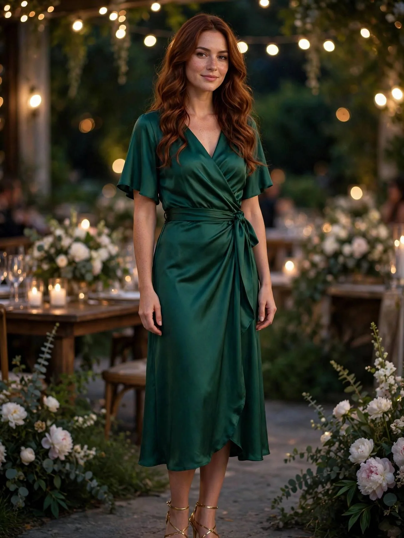 Woman wearing an emerald satin wrap midi dress with gold sandals.