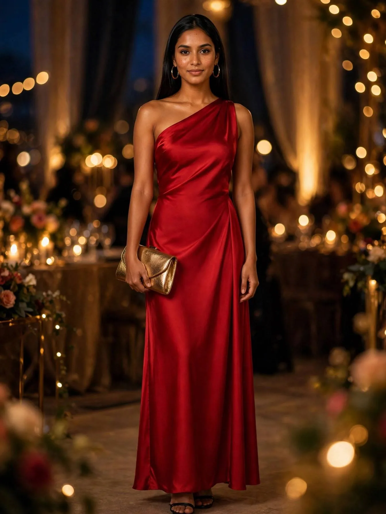 Woman wearing a one-shoulder red dress with gold hoop earrings.