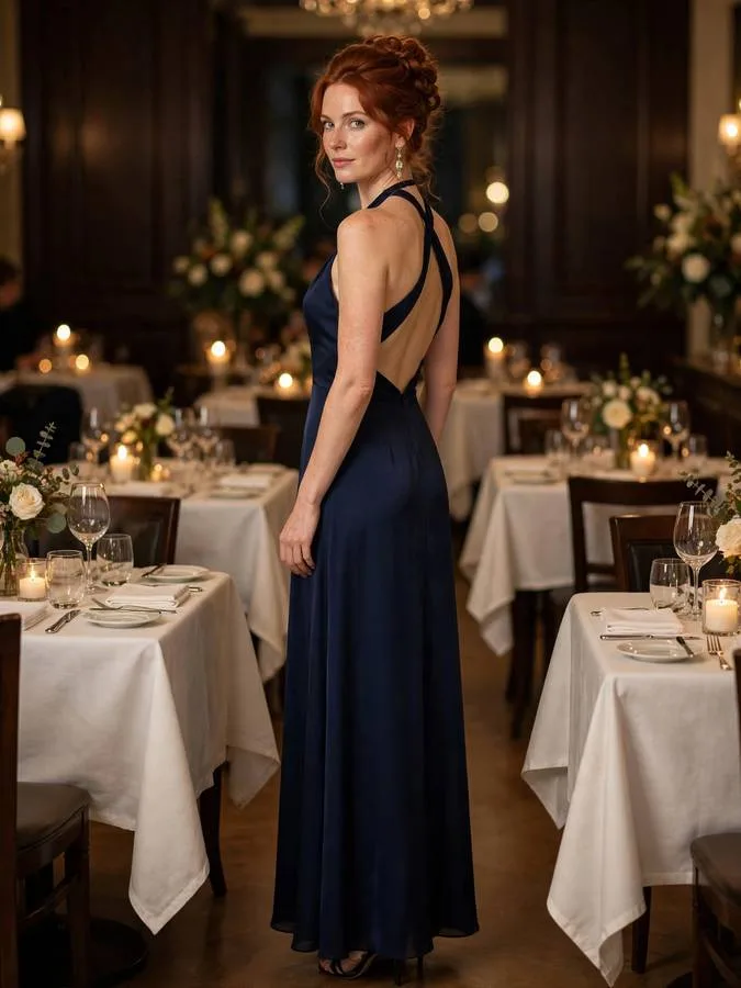 A woman in a navy halter-neck maxi dress with an open back.