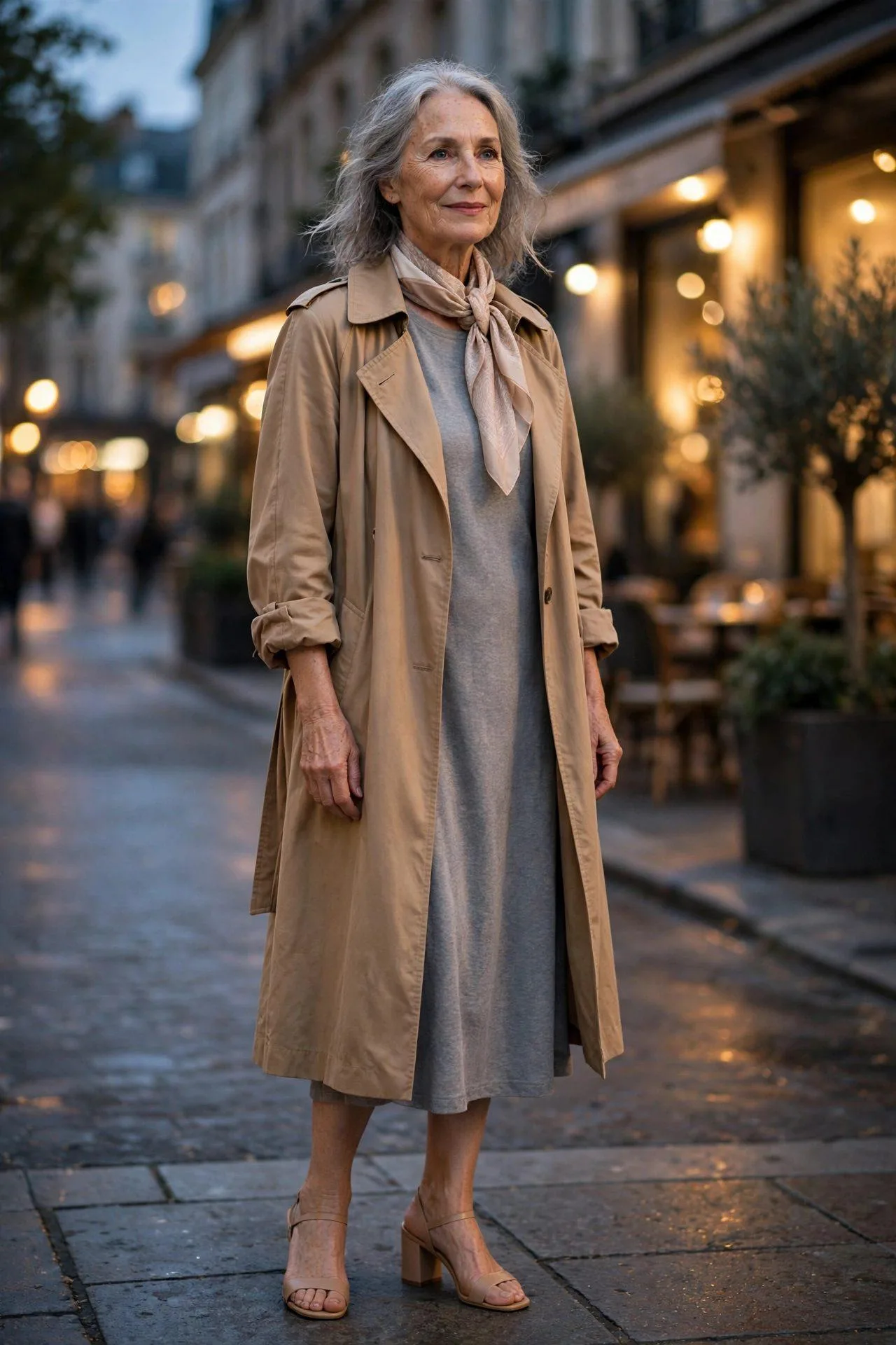 Relaxed Camel Trench Over Summer Dress