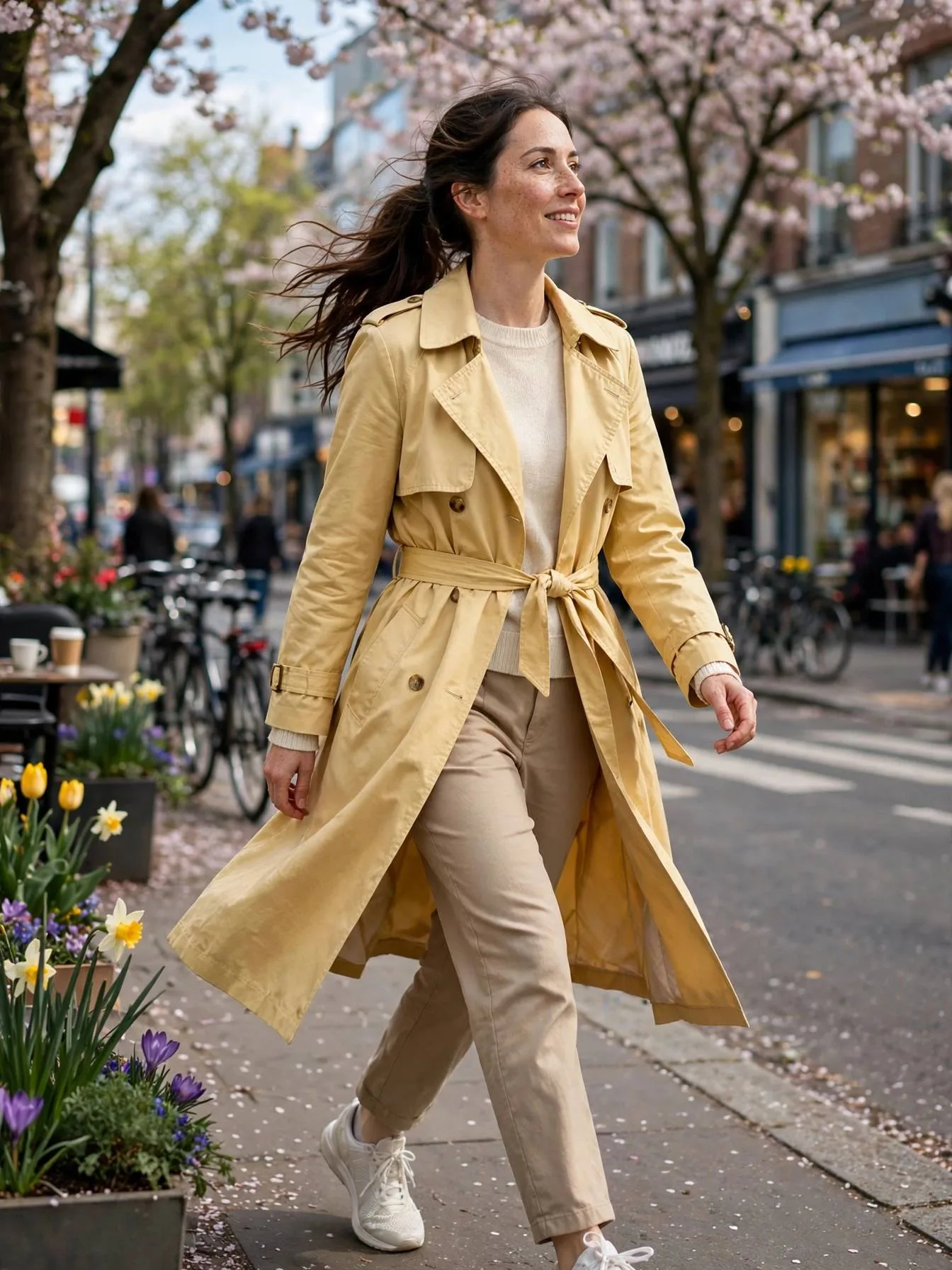 Woman wearing a butter yellow trench coat over neutral clothing.