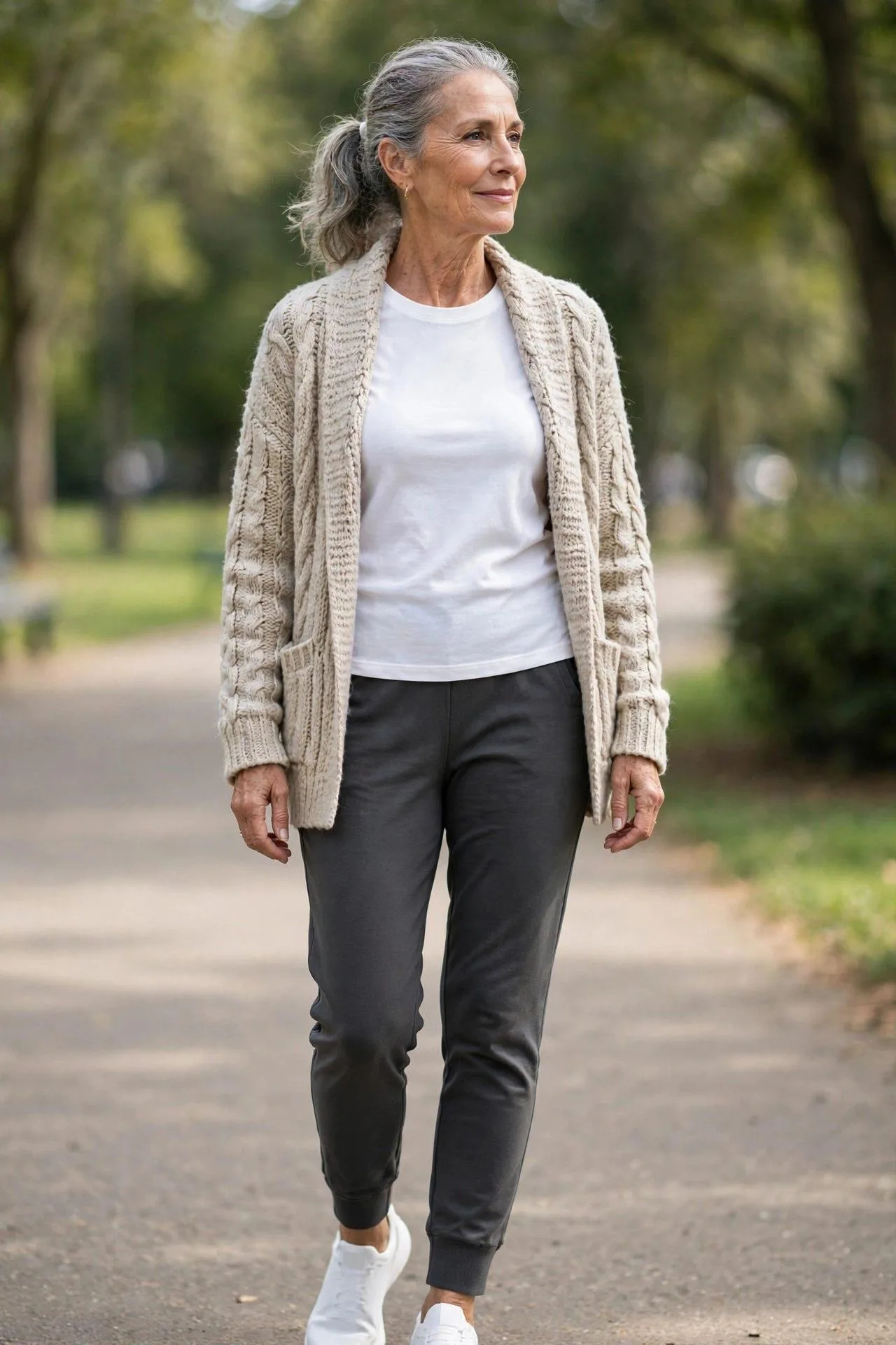 Active older woman in tapered charcoal joggers and crisp white tee