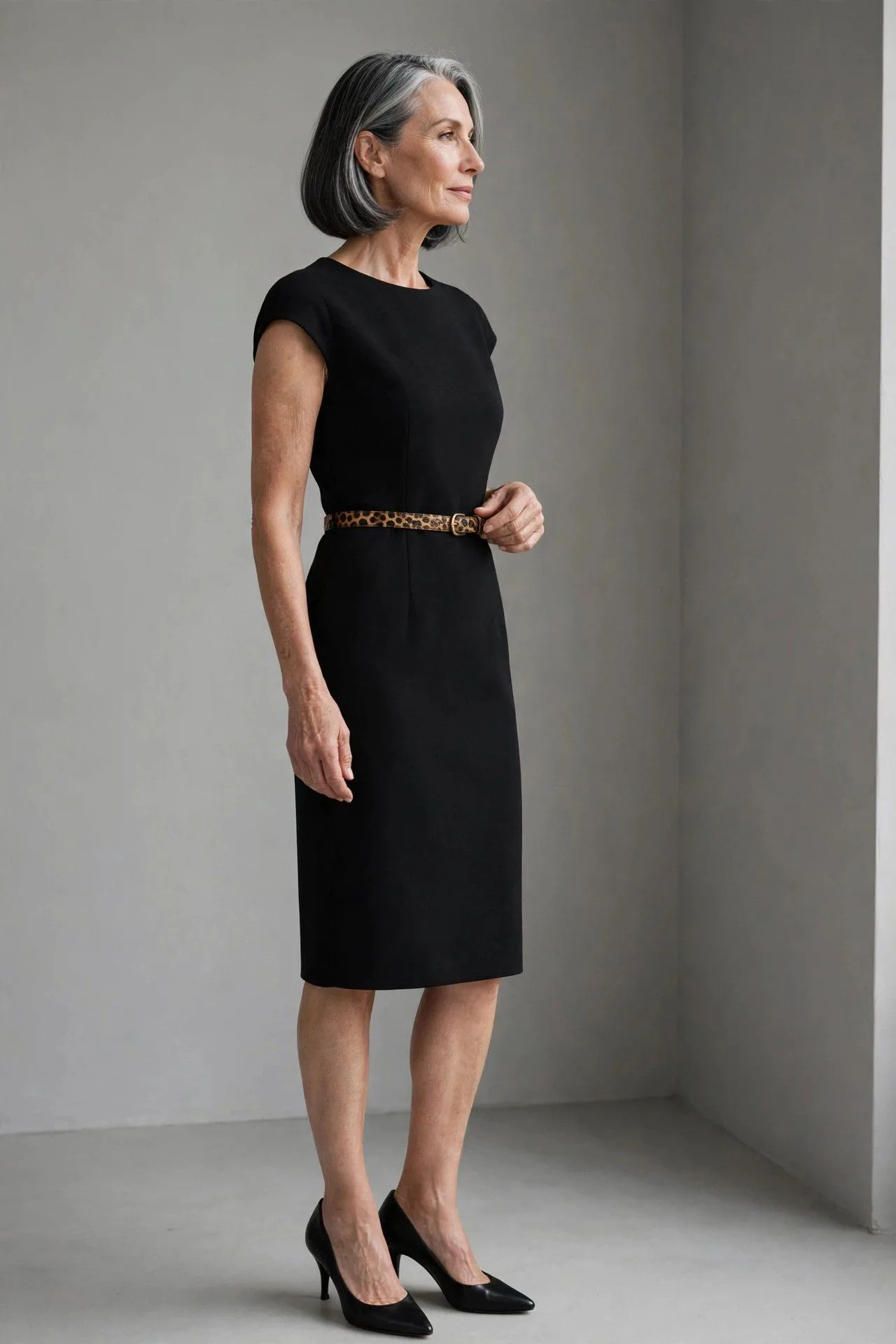 Refined woman cinching black dress at waist with narrow leopard print belt