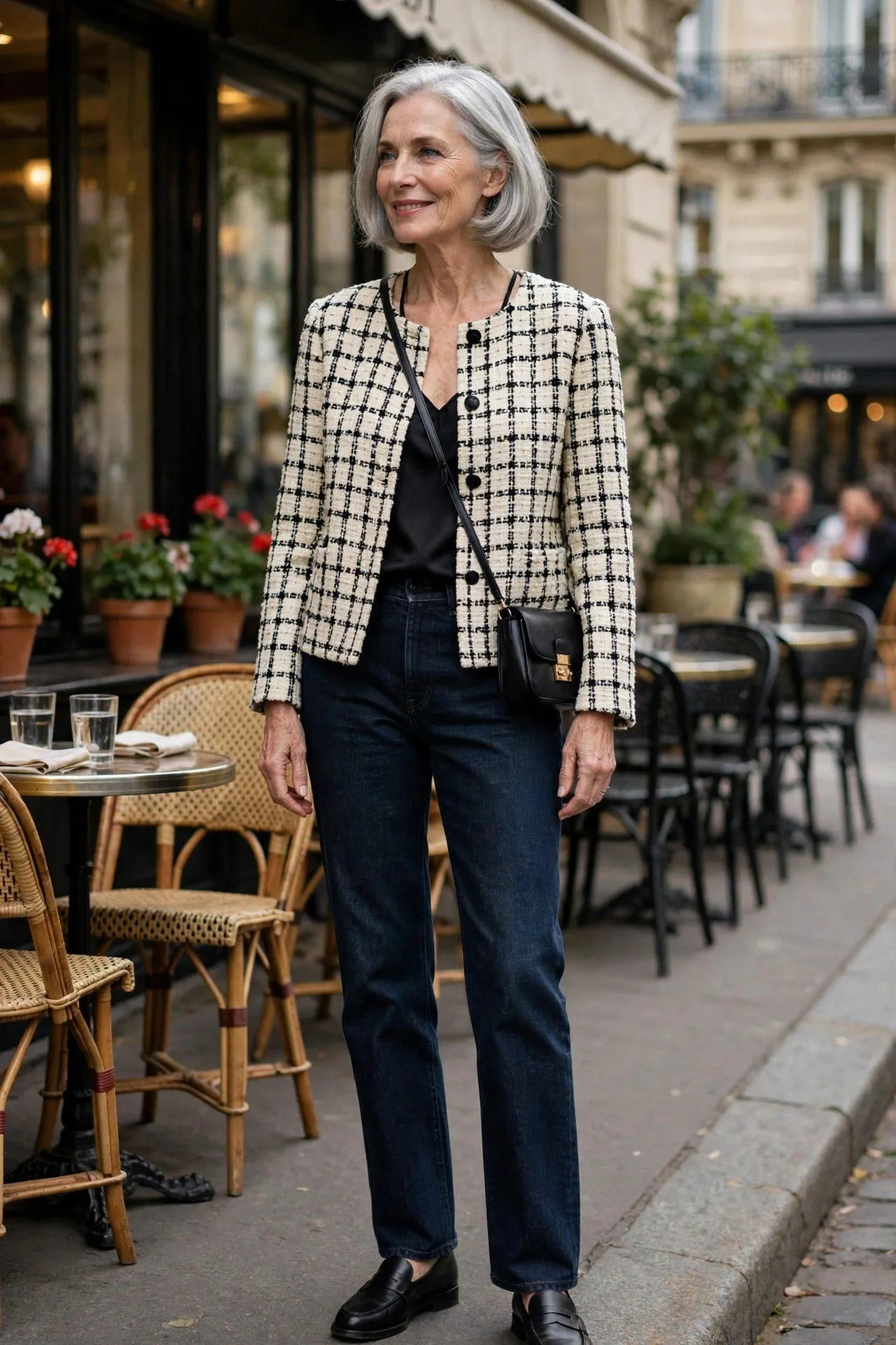 Chic Tweed Jacket + Dark Jeans + Loafers