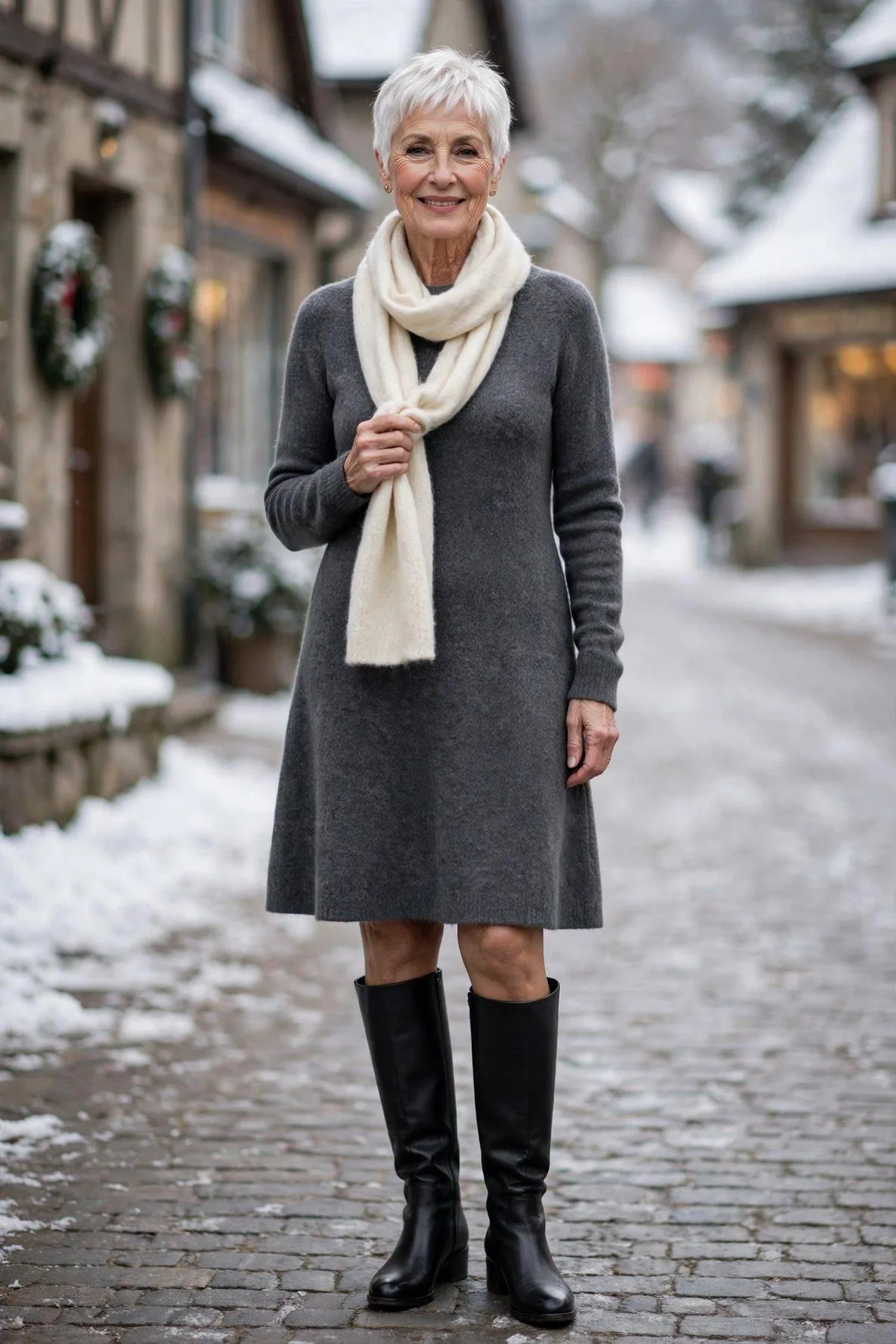 Sweater Dress, Boots & Scarf