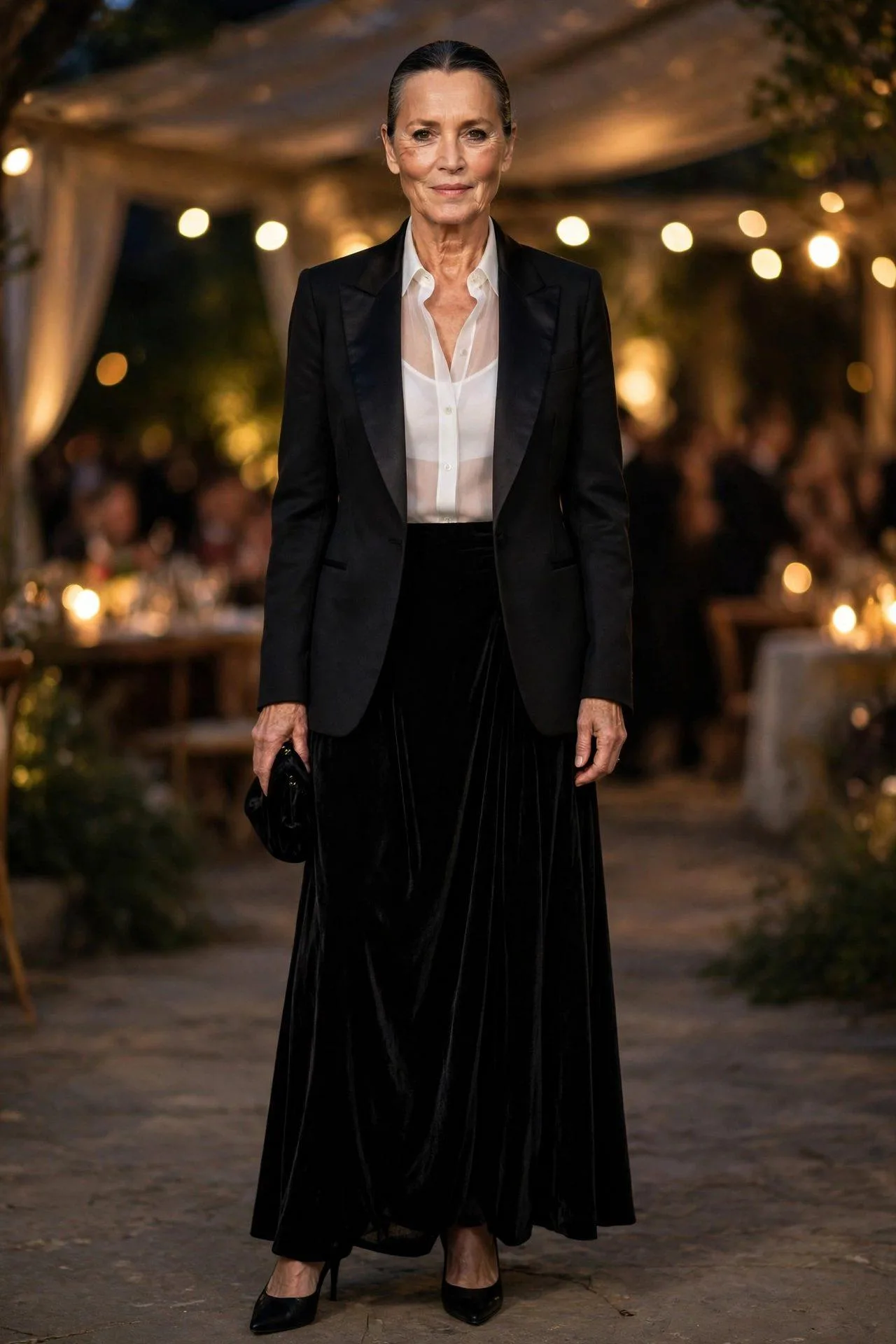 Commanding mature woman in a satin-lapel tuxedo jacket, sheer white blouse, and sweeping black velvet skirt after dark.