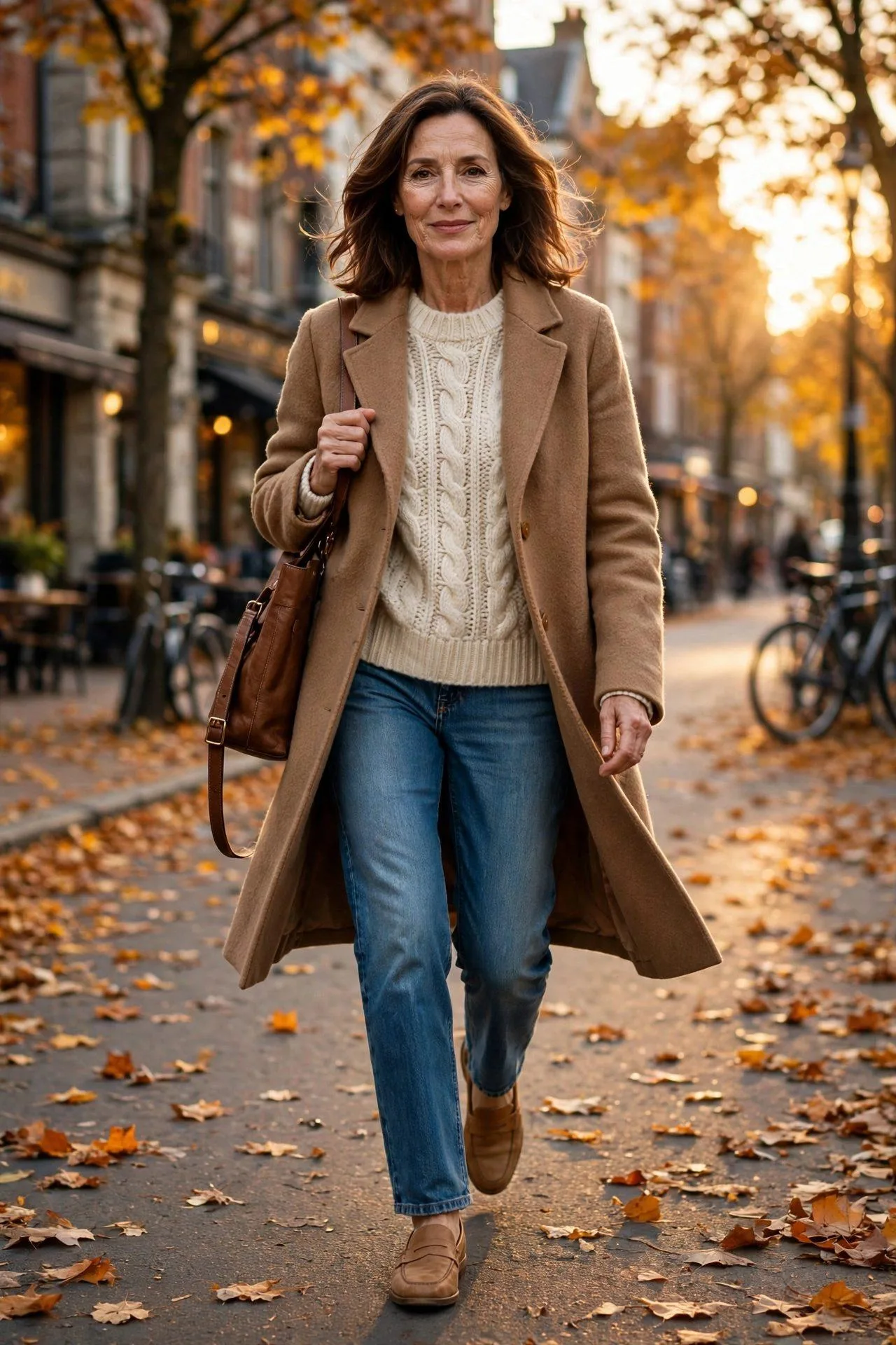 Camel Coat + Cream Knit + Straight Jeans