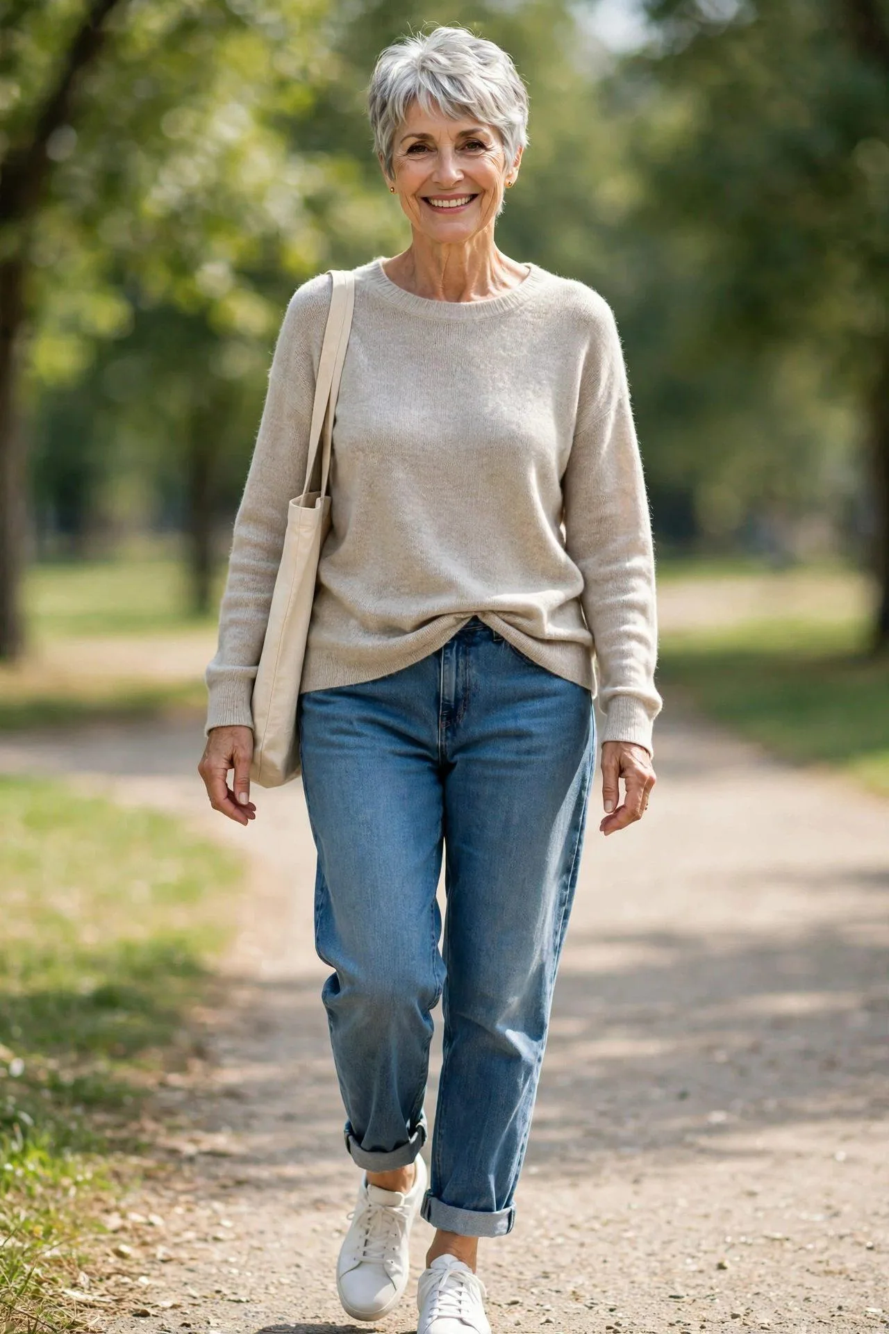 Senior woman enjoying weekend in slouchy boyfriend jeans with cozy oatmeal sweater