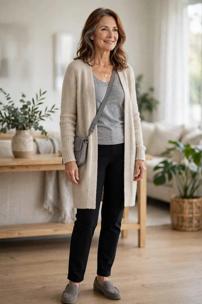 Older woman with auburn-grey hair in a cozy oatmeal cardigan over a heather grey tank and black pull-on ponte pants