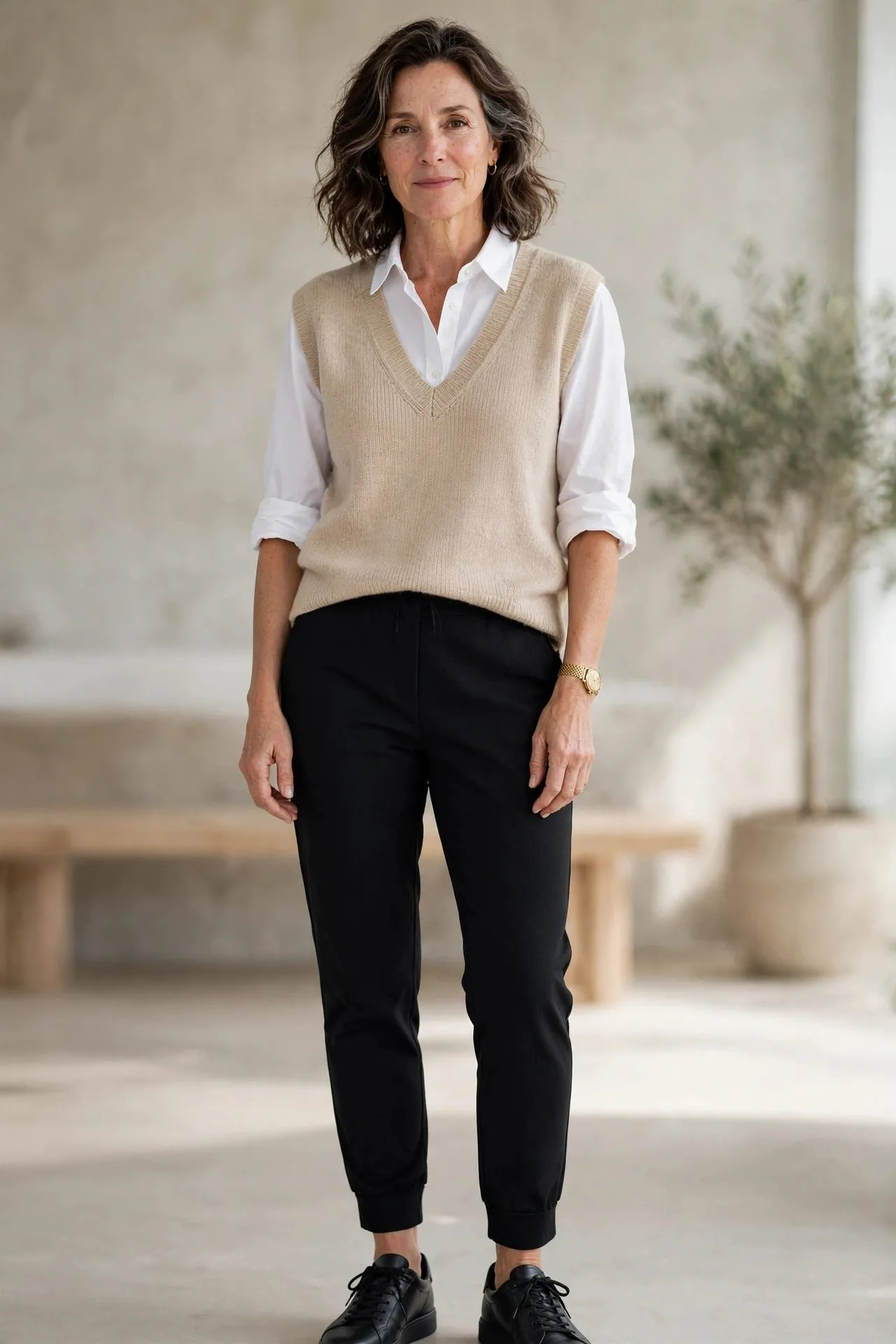 Woman over 50 in black joggers, white shirt, beige knit vest