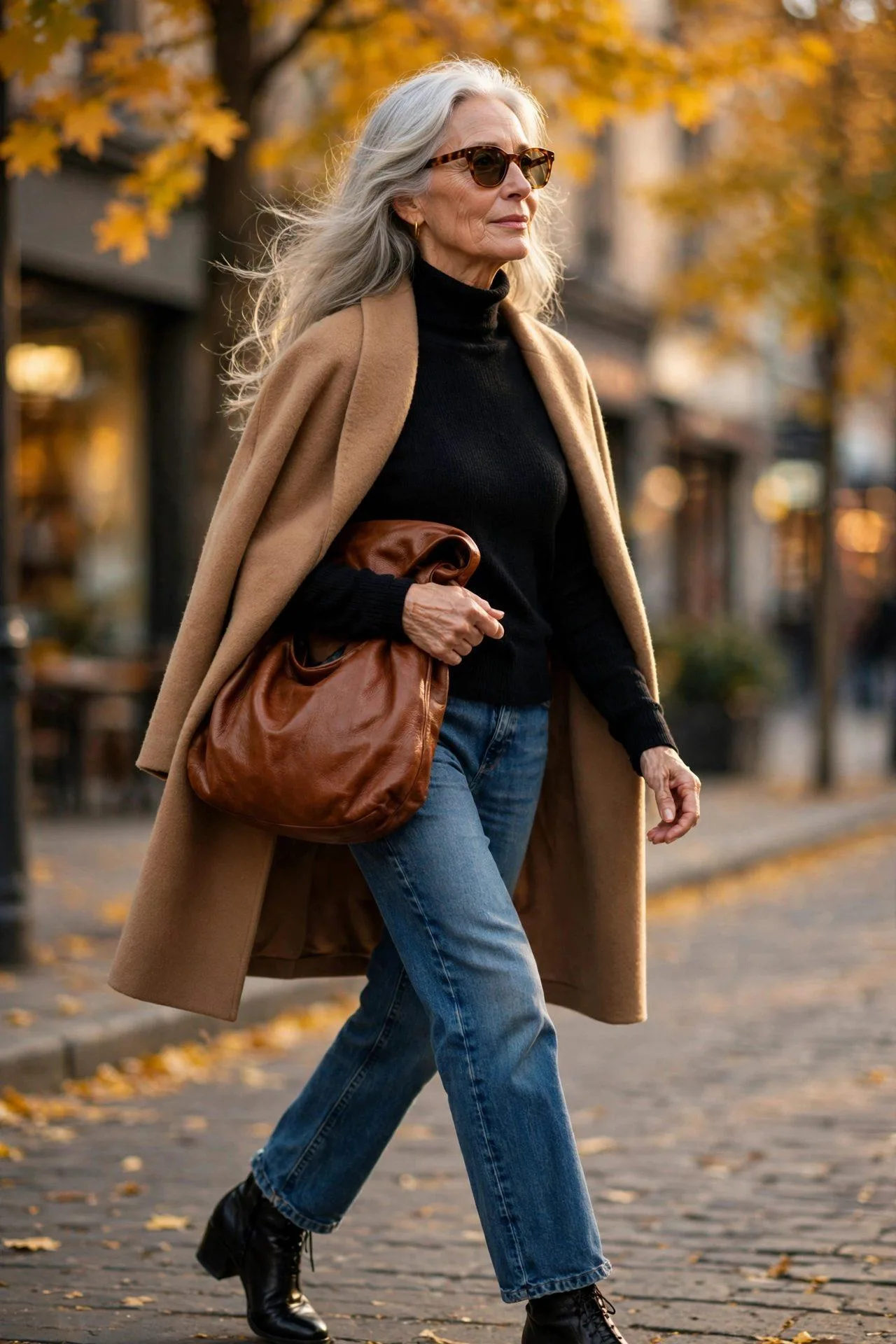 Fashionable senior woman draping a soft caramel hobo purse beneath her arm amid fall foliage.
