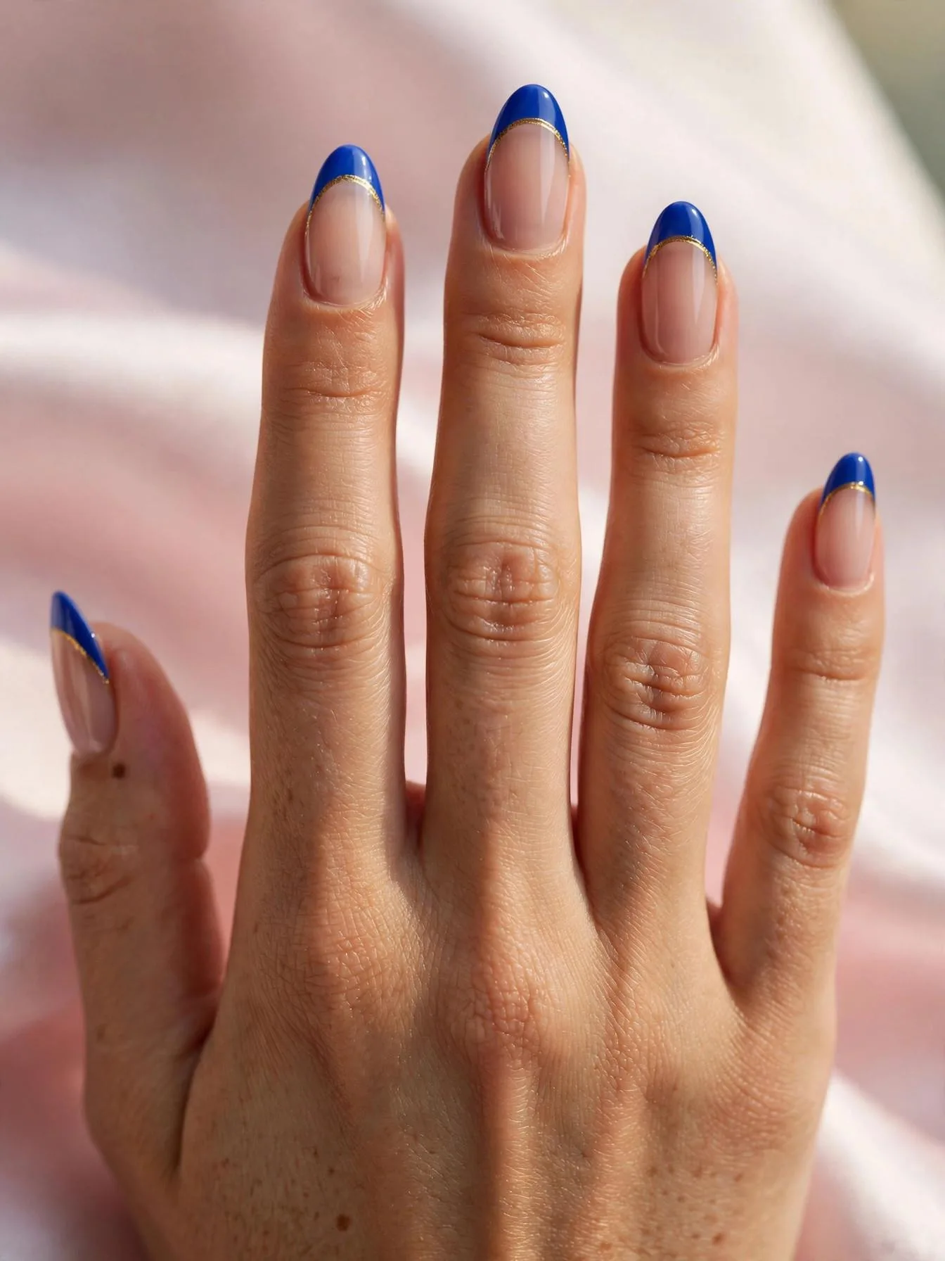 Medium almond nails with royal blue French tips edged in gold smile lines.