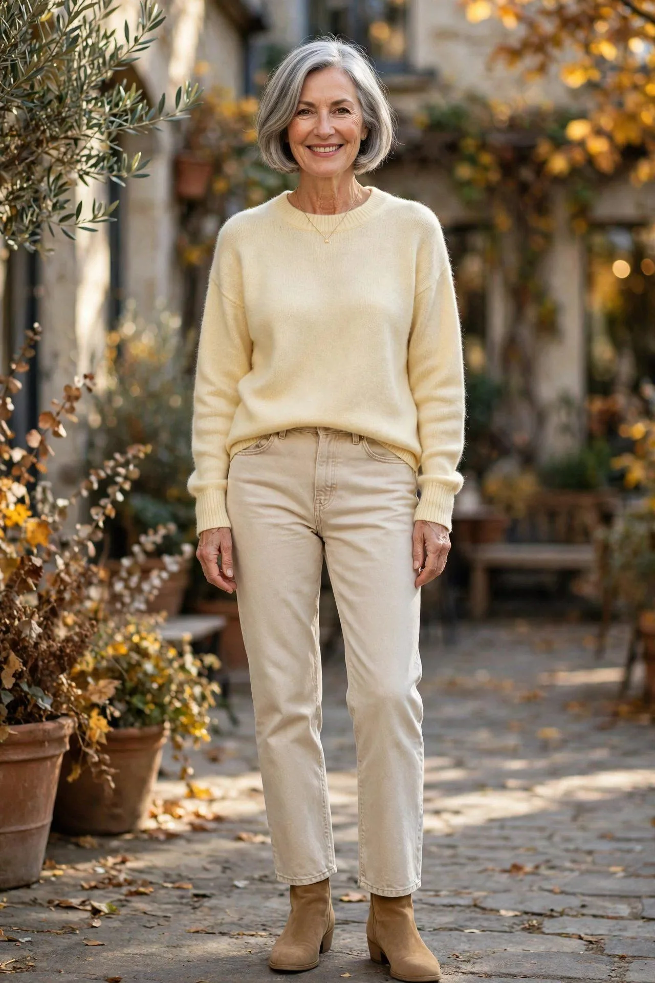 Glowing older woman in a soft yellow sweater with light-wash jeans and suede booties.