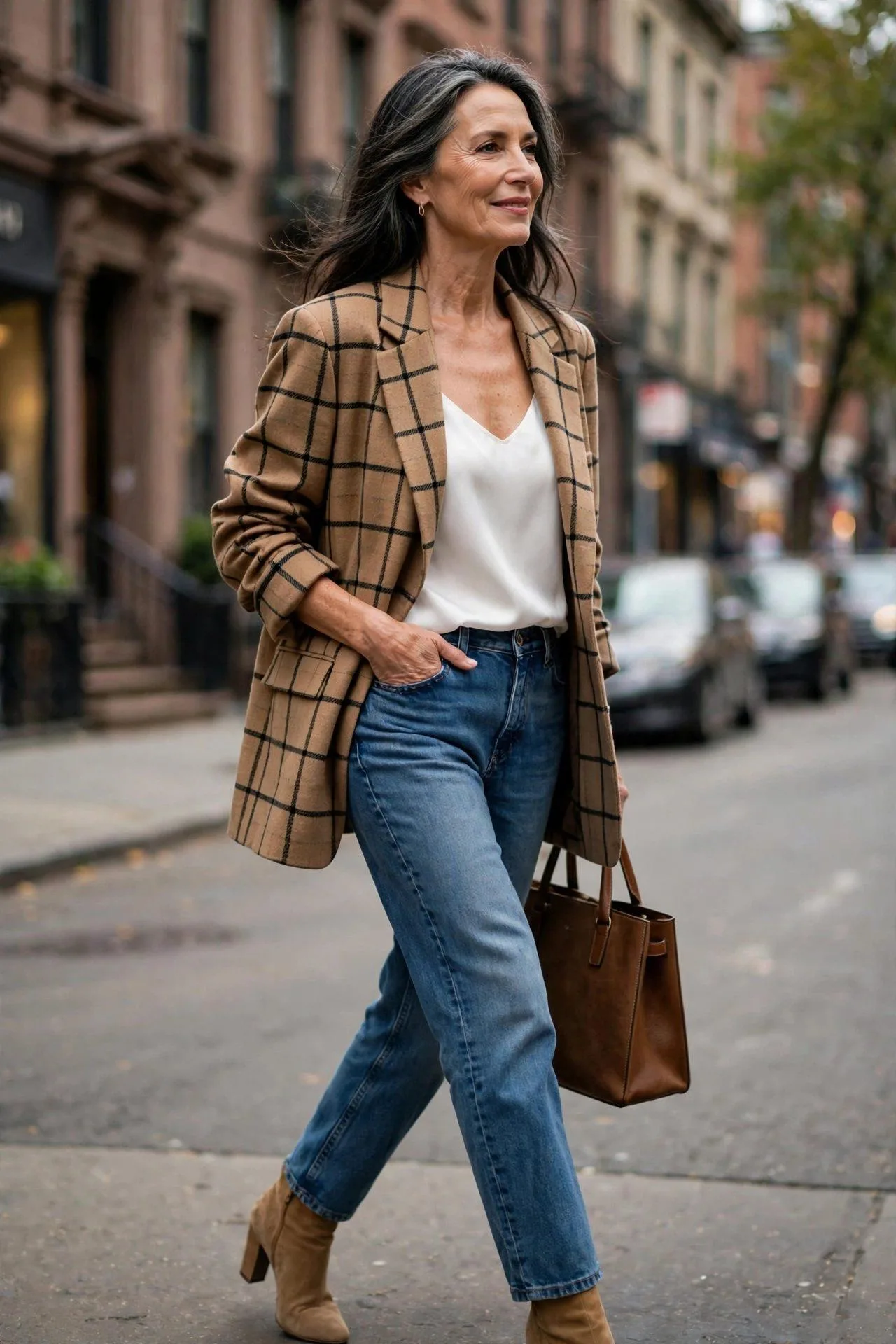 Self-assured woman in a camel windowpane plaid blazer, white camisole, and easy straight-leg jeans with heeled boots.