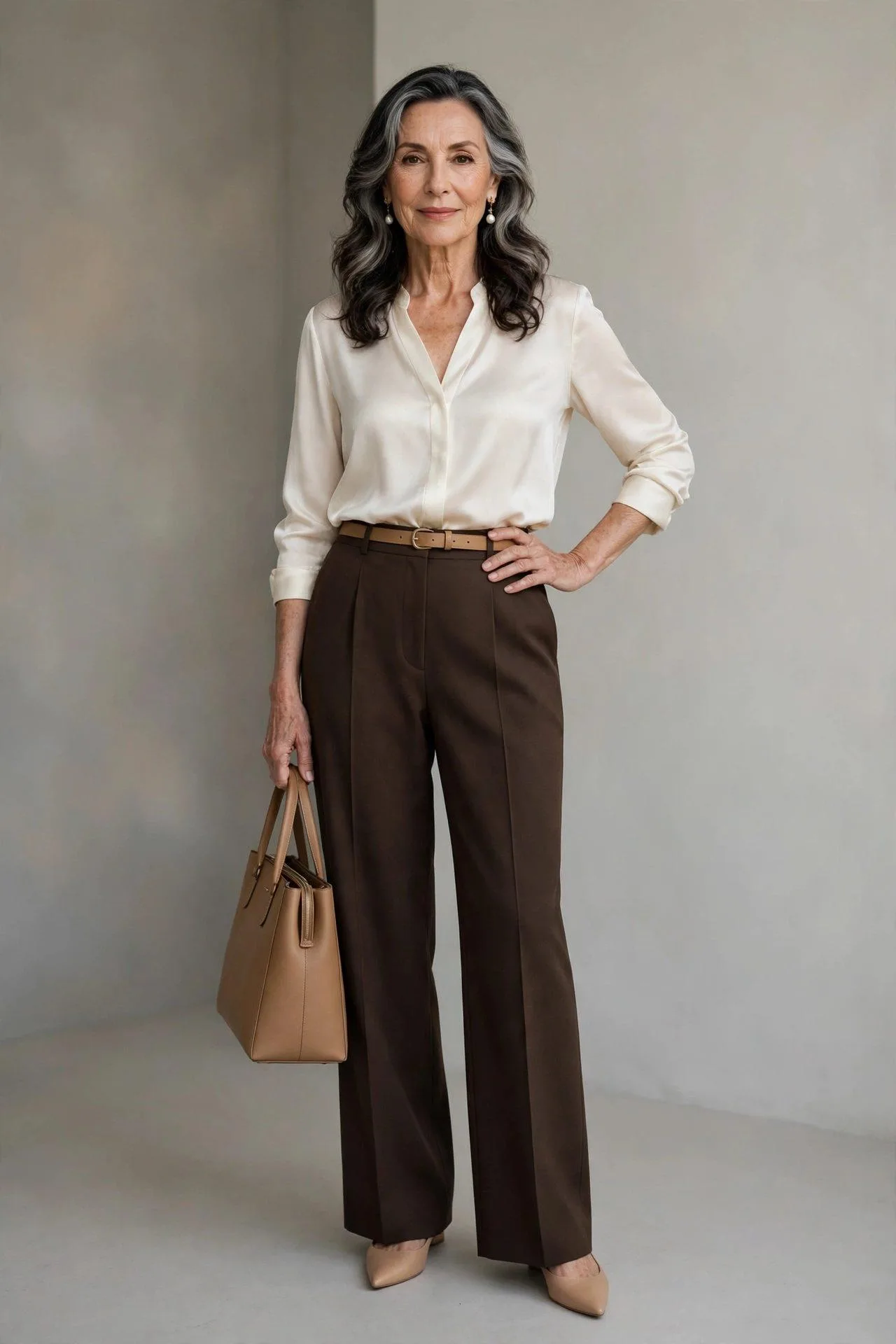 Poised mature woman in brown wide-leg pants with light silk blouse