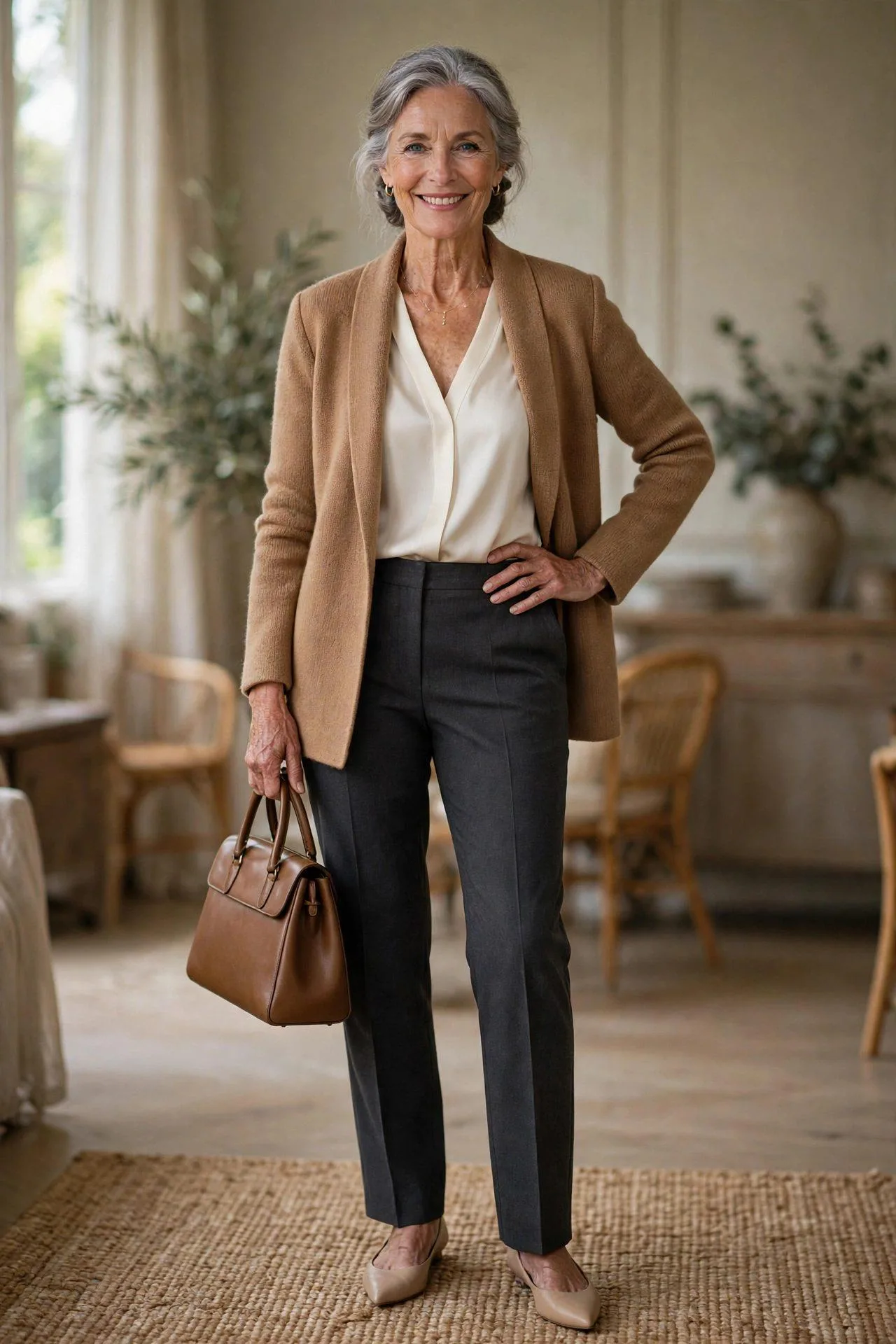 Stylish senior woman layered in camel blazer, silk blouse and dark tailored pants