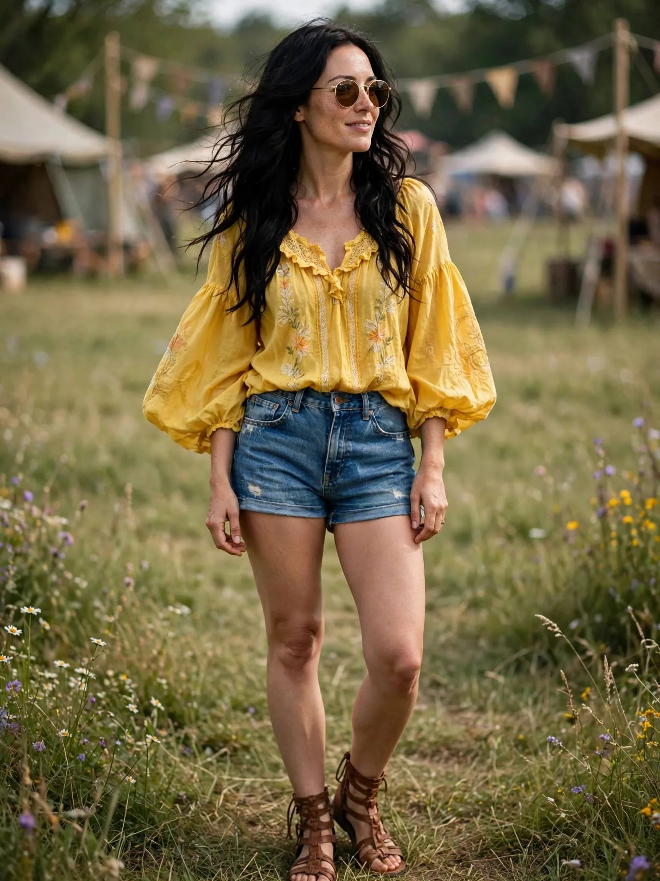 Woman in a yellow boho peasant blouse with denim shorts.