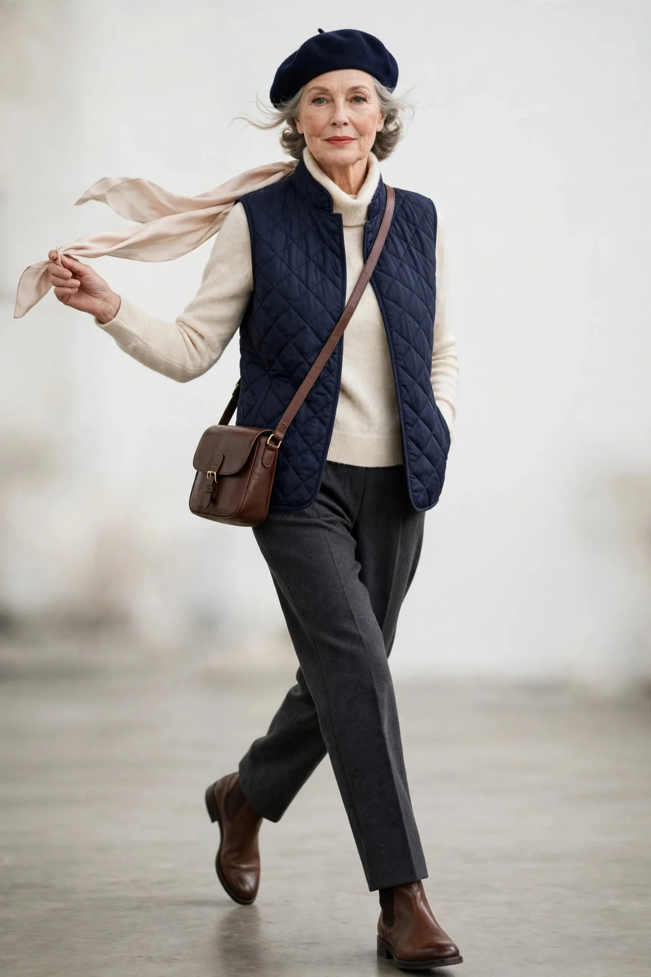 Quilted Layer Logic — A navy quilted vest over a cream cashmere roll-neck sweater with straight charcoal wool trousers, brown Chelsea boots and a beret.