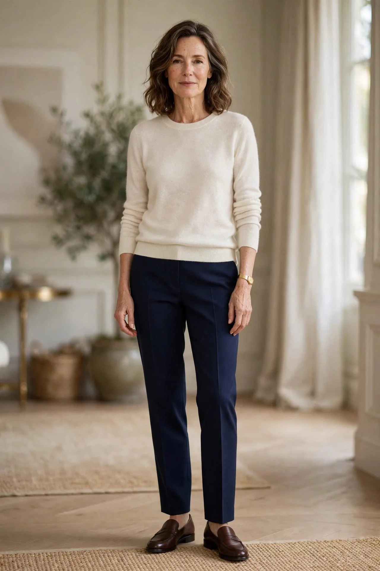 Woman over 50 in cream cashmere sweater and navy tailored trousers