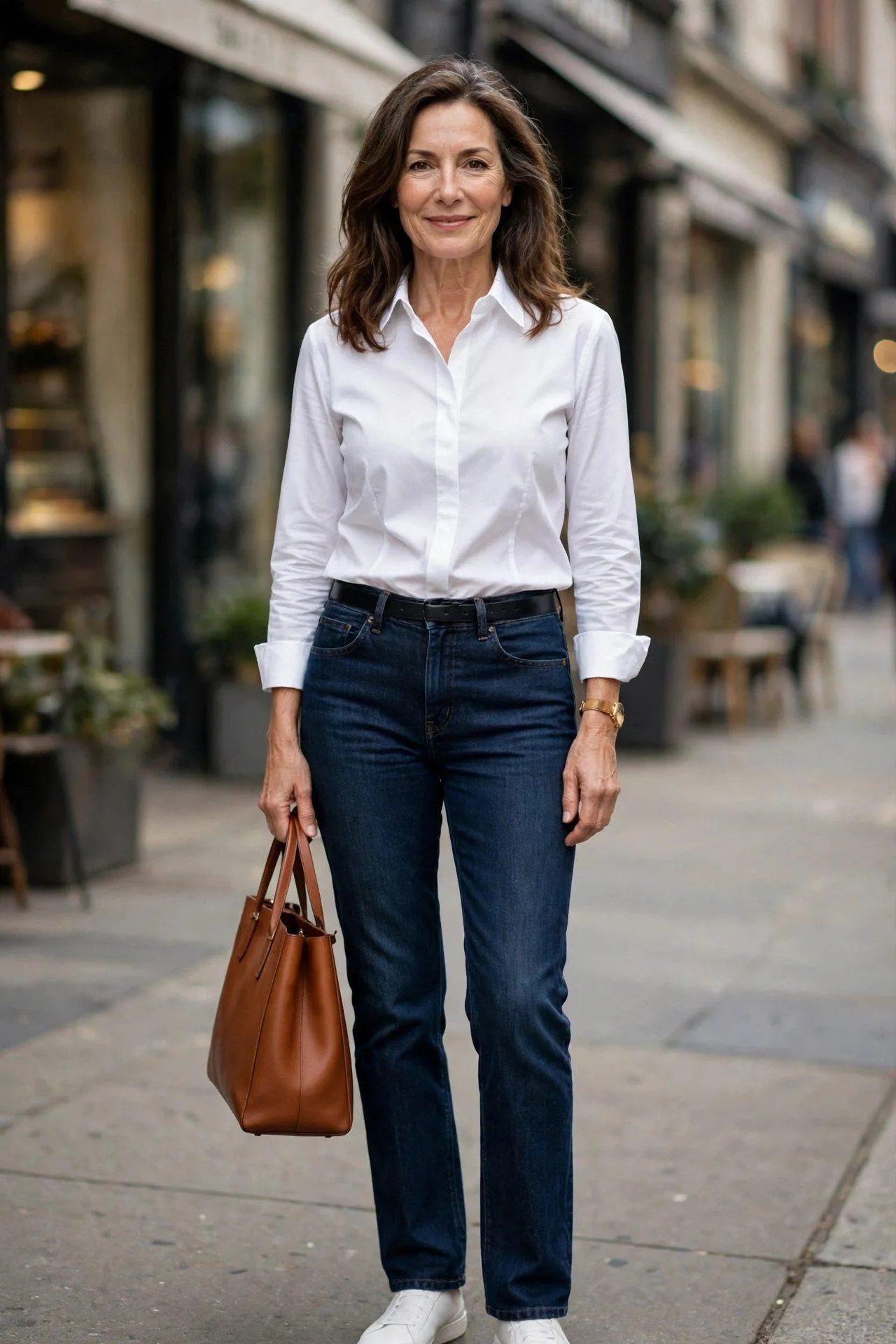 Mature lady pairing a bright white oxford shirt with deep blue denim and pristine white trainers, smart relaxed dressing.