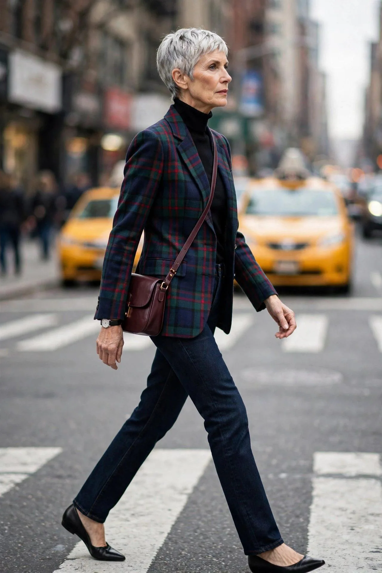 Urban-chic older woman in a tartan plaid blazer, dark denim, and pointed flats crossing a Manhattan street.
