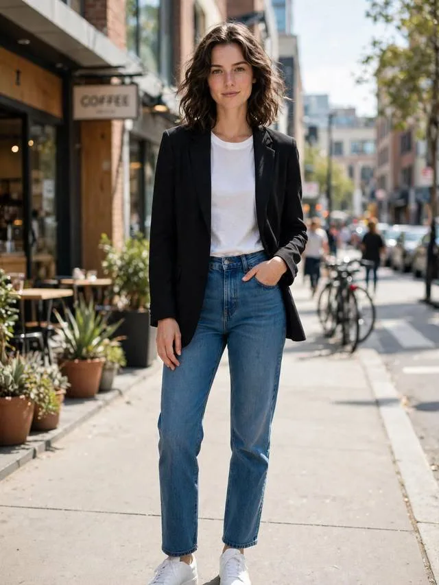Woman wearing black blazer over white tee and straight-leg blue jeans with sneakers.
